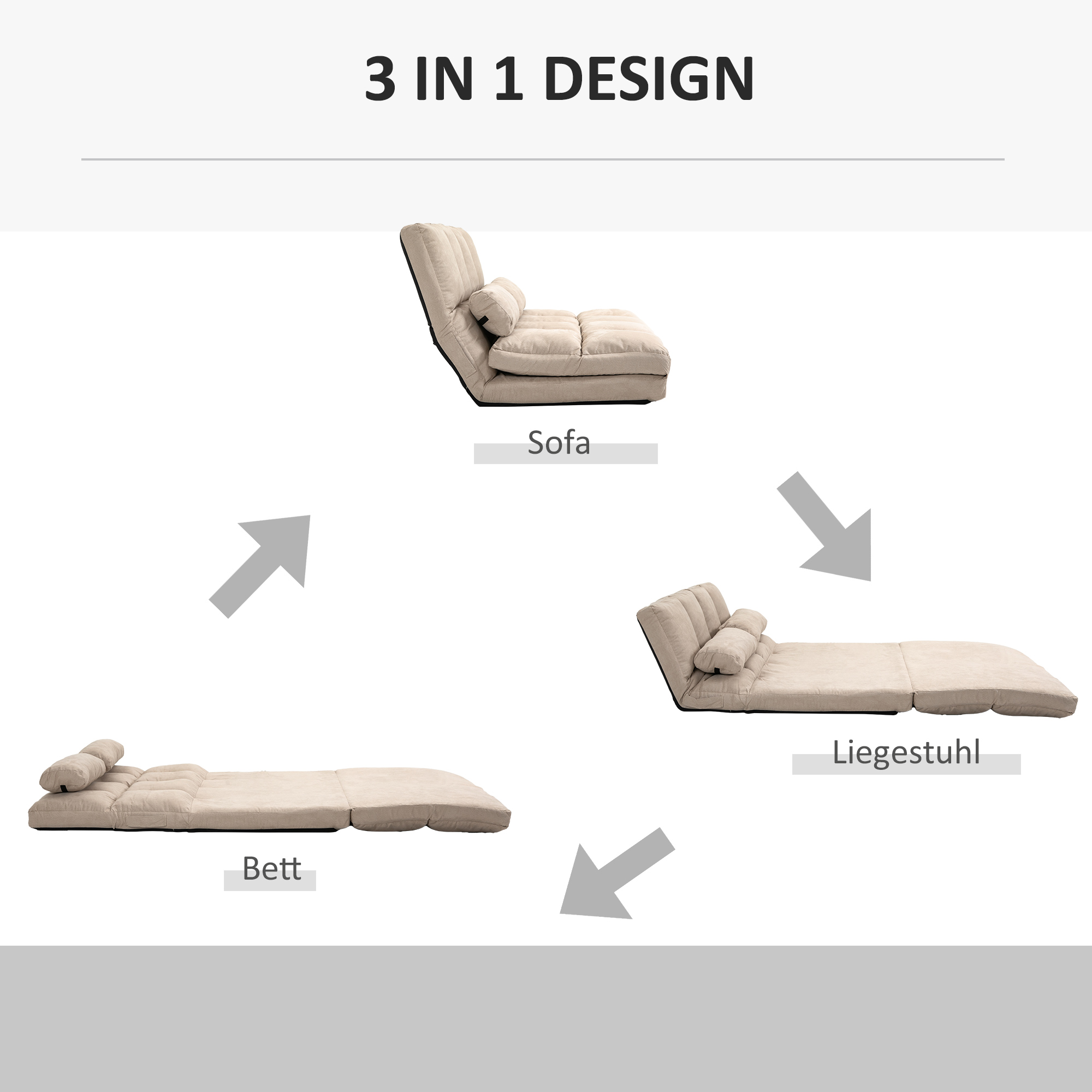 2-in-1 Bodensessel, Rückenlehne, Verstellbar, 102 x 73 x 60 cm, Beige