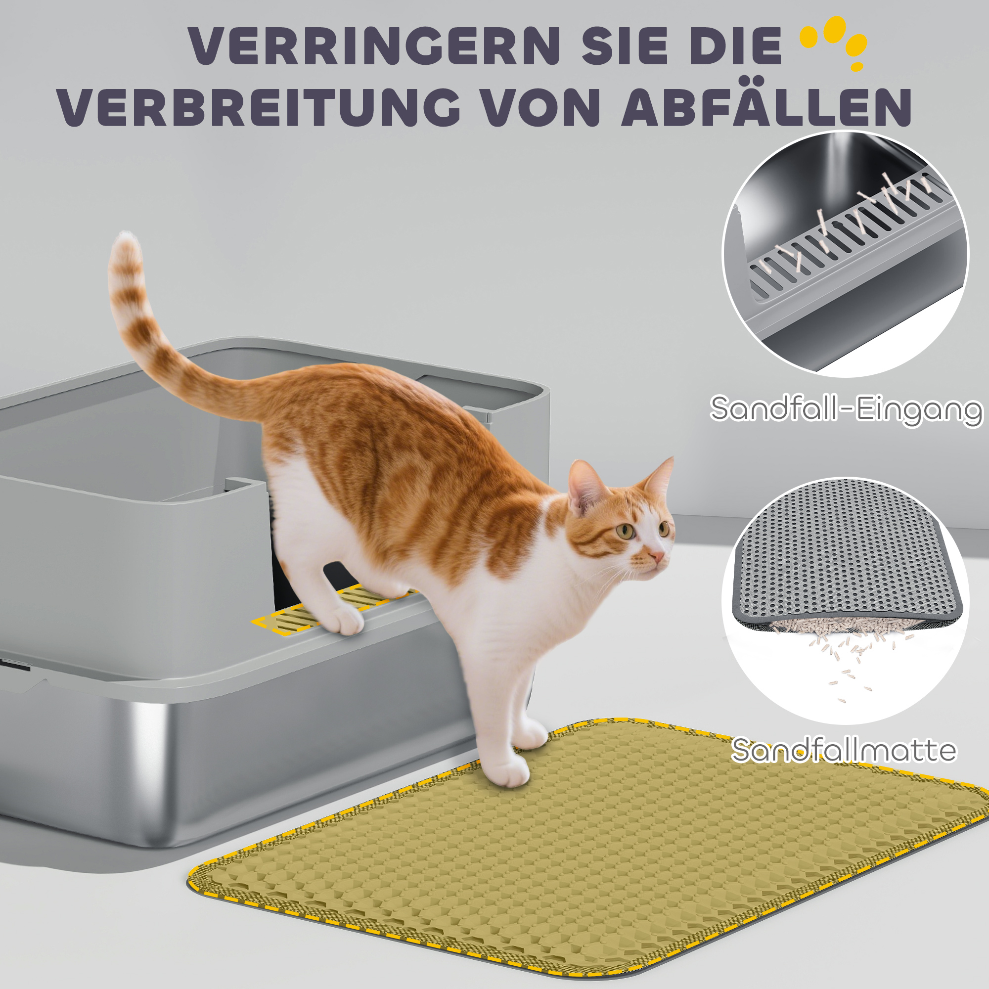 Katzentoilette Edelstahl Offene Katzenklo mit Schaufel hohem Rand Matte für Katzen bis 7 kg 60,2 x 40,2 x 29,5 cm, Grau