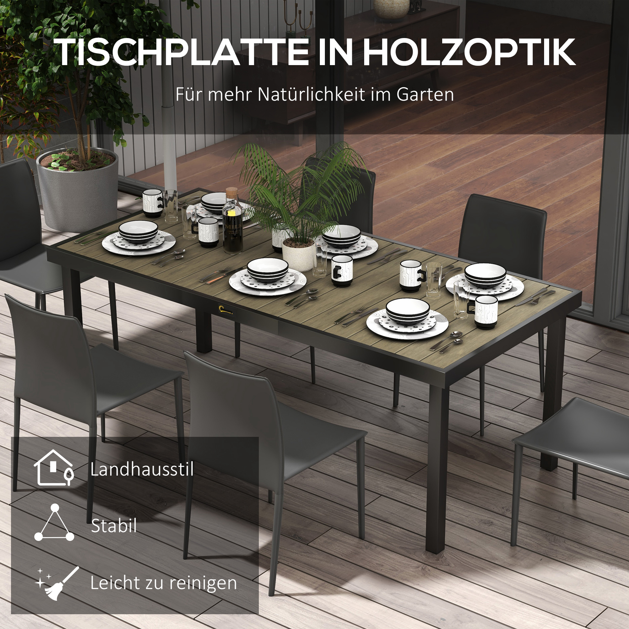 Gartentisch für 8 Personen, Outdoor-Tisch, Loungetisch, wetterbeständig, 190 x 90 x 74 cm, Naturholz