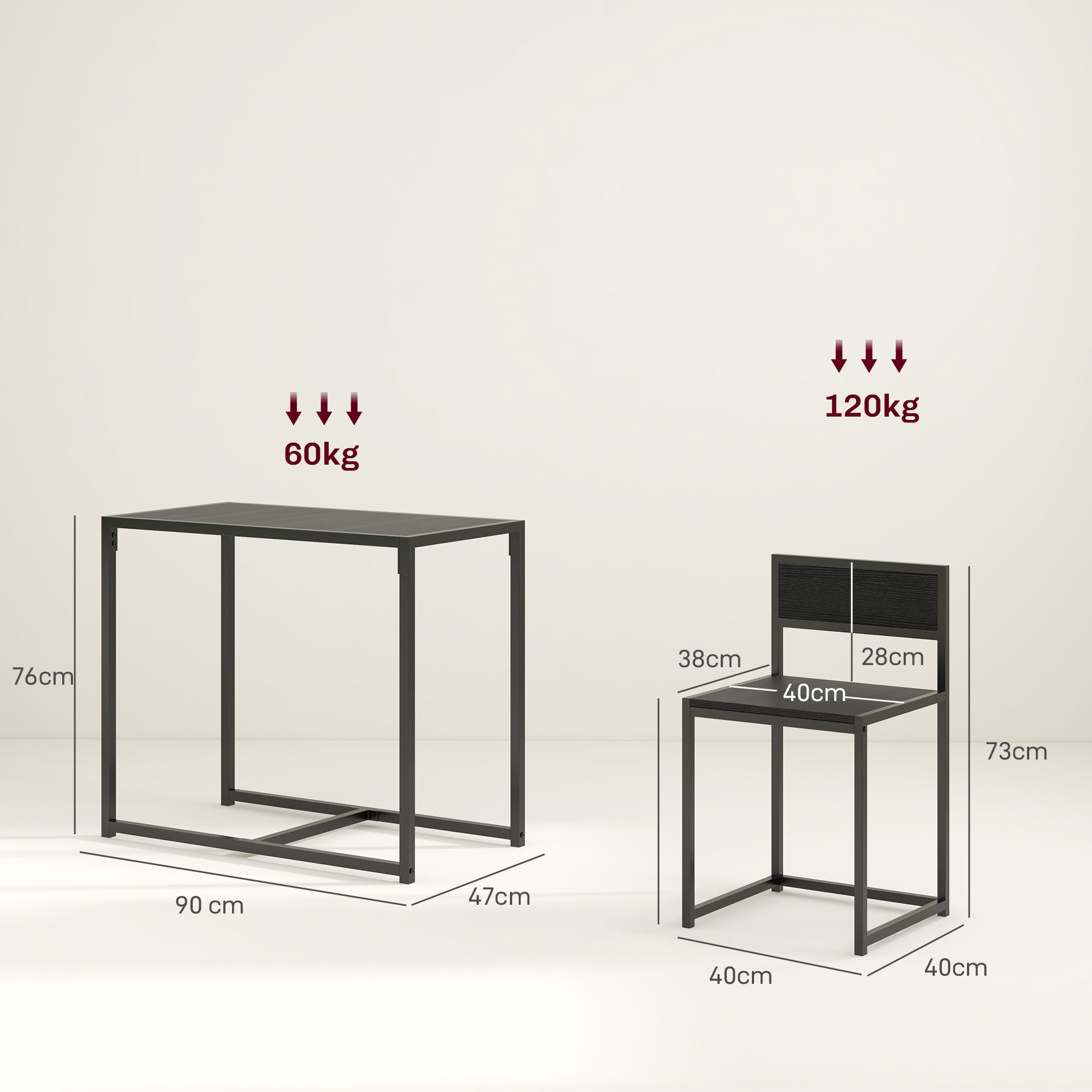 3-teiliges Bartisch-Set Hochtisch-Set 3-teilig, 2 Stühle, 1 Tisch, 90 cm x 47 cm x 76  cm, Schwarz
