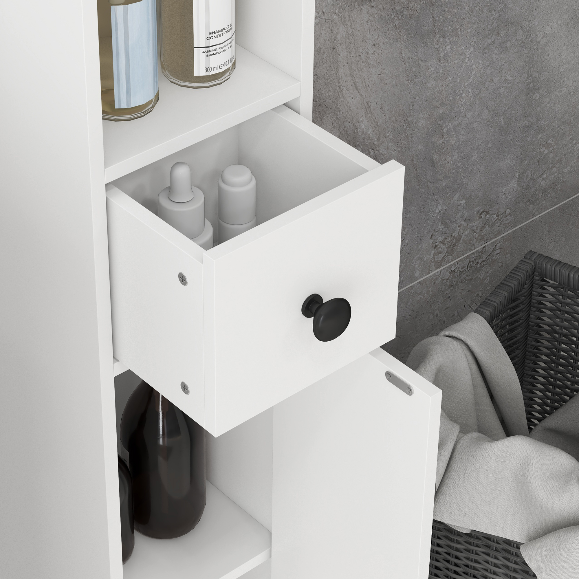 Badezimmerschrank, 4 Regale, Schublade, Spanplatte, schlankes Design, Weiß