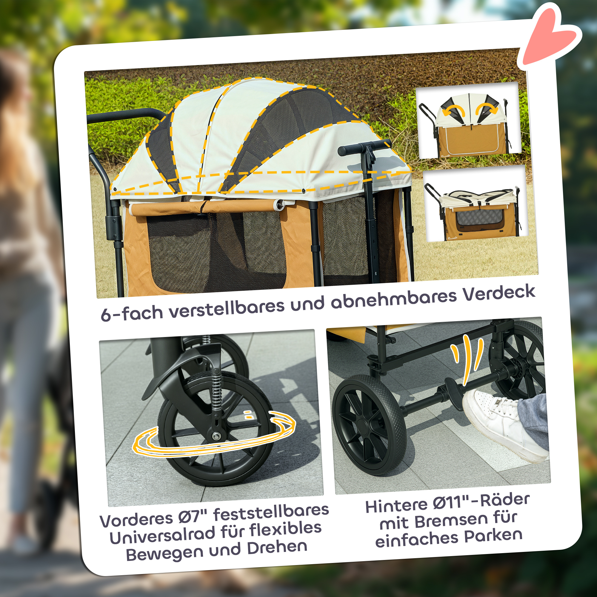 Hundewagen Hundebuggy klappbar für Hunde & Katzen bis 30 kg 110 x 65 x 102 cm Braun