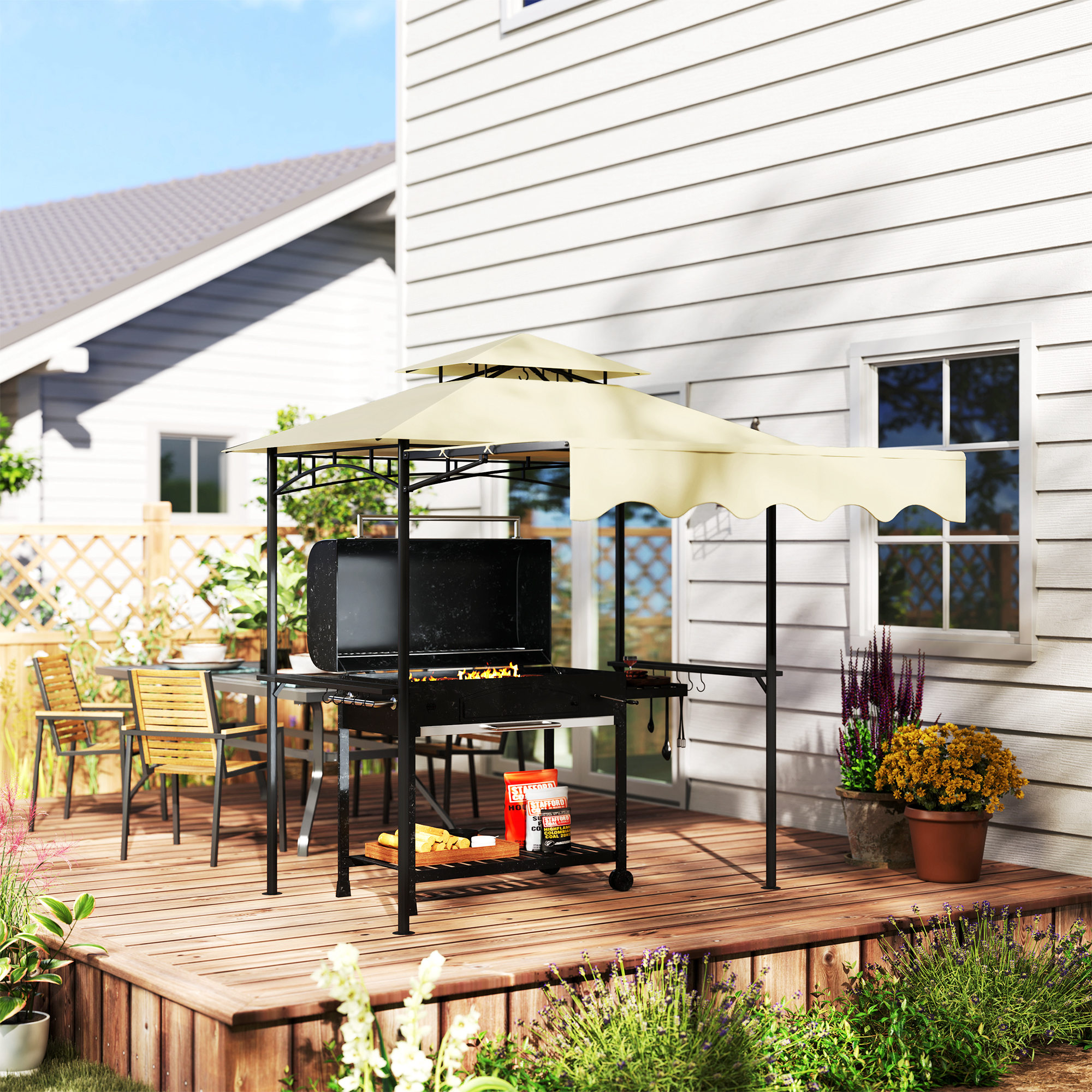 Grillpavillon 242x232x248 cm wasserabweisend flammhemmend Gartenpavillon mit Doppelschichtdach Beige
