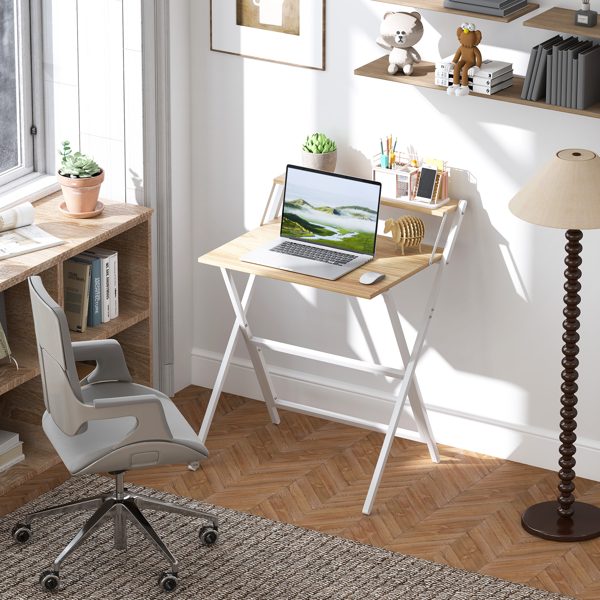 Schreibtisch mit Monitorständer, 70 cm Klappbarer Computertisch für Homeoffice, Kleine Räume, Natur