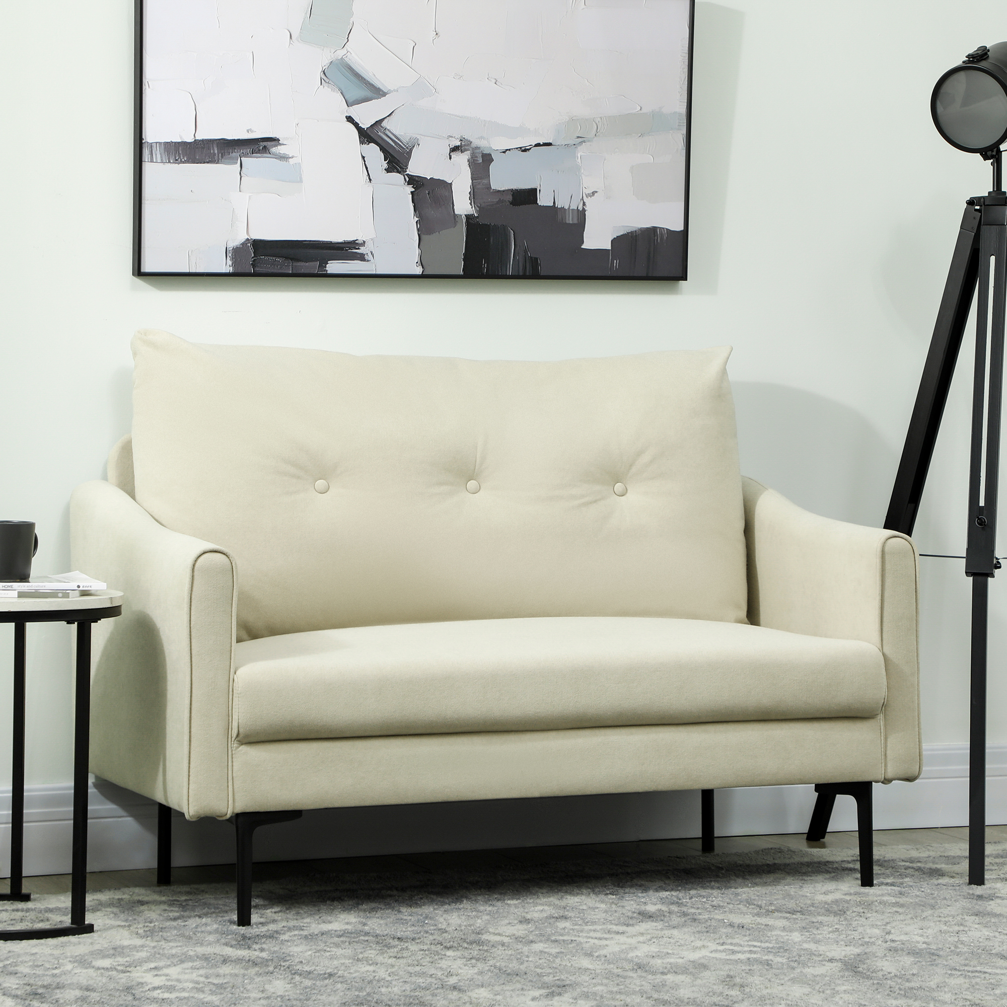 2-Sitzer-Sofa mit Schaumstoff-Polsterung und Stoffbezug, für Wohnzimmer, Schlafzimmer, Metallrahmen, Cremeweiß