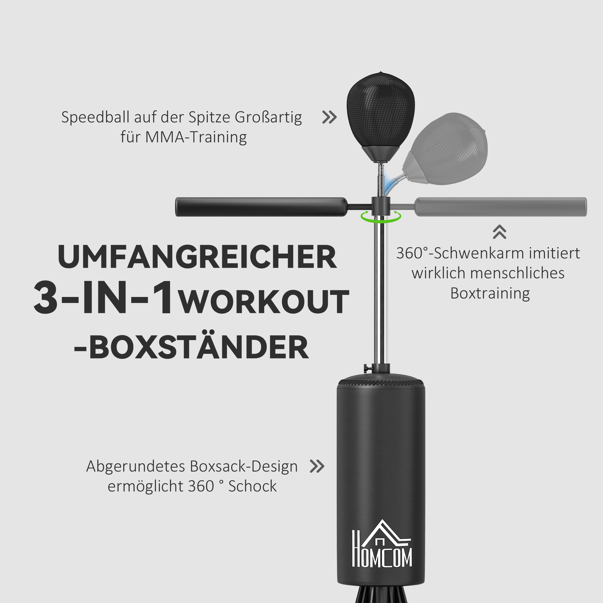 Boxsack Stehend mit Speedball, Reflexstange, Höhenverstellbar, für Erwachsene, 155-205cm, Schwarz