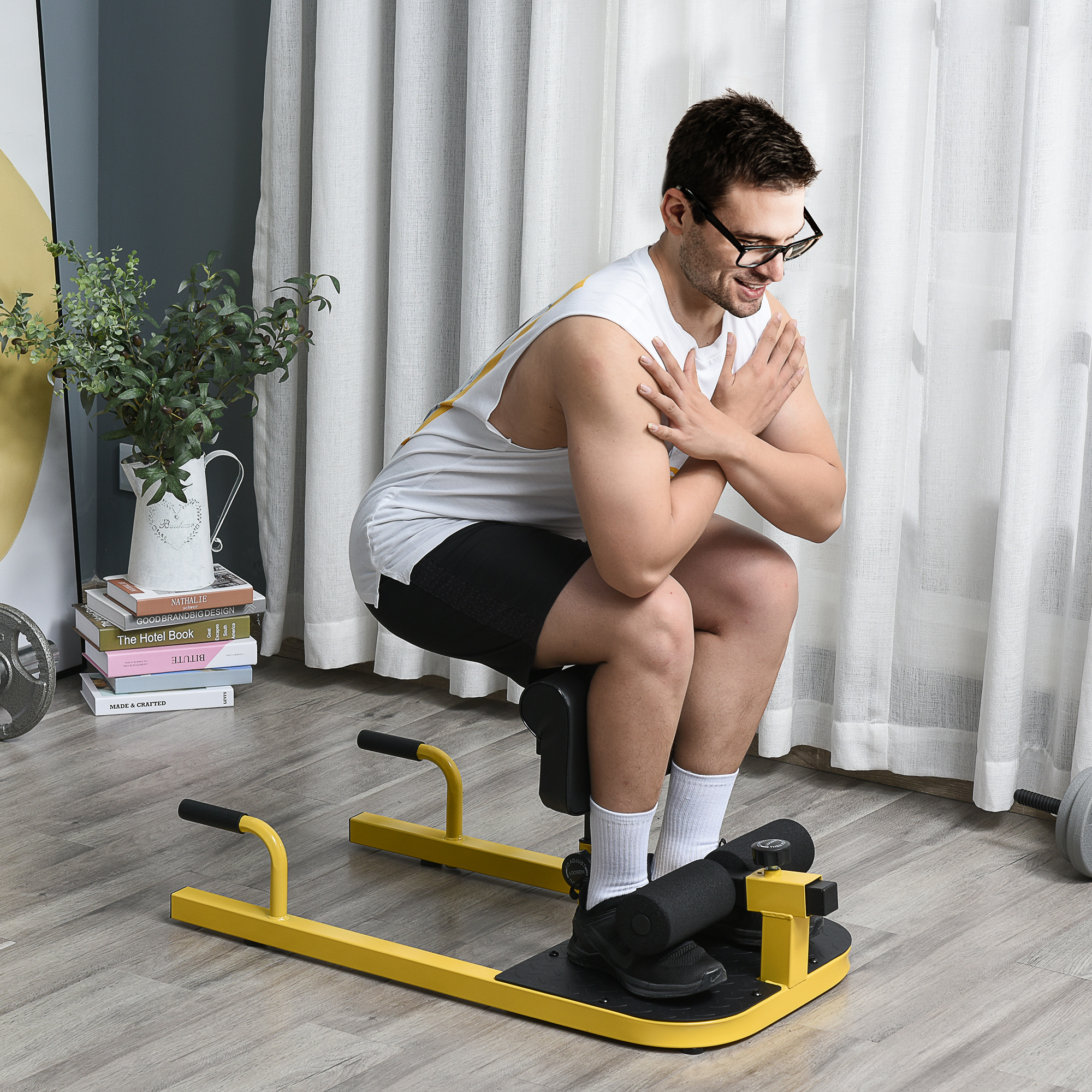 Sissy Squat Kniebeugentrainer Beintrainer Bauch-Gesäß-Trainer 3 in 1 Trainer verstellbar bis 120 kg Stahl Gelb+Schwarz 50 x 97 x (44,5-56,5) cm