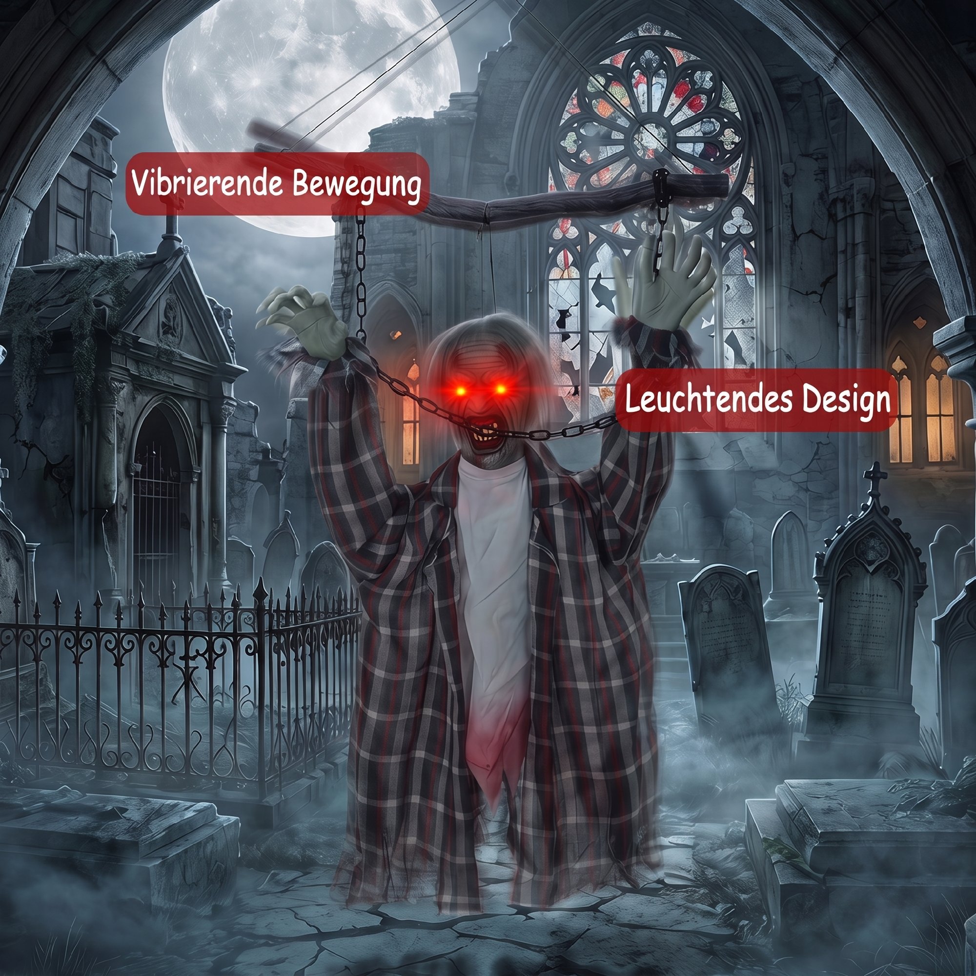 110 cm animierte hängende Halloween-Deko, schreiender Zombie, Sound- & Berührungsaktivierung, rote LED-Augen