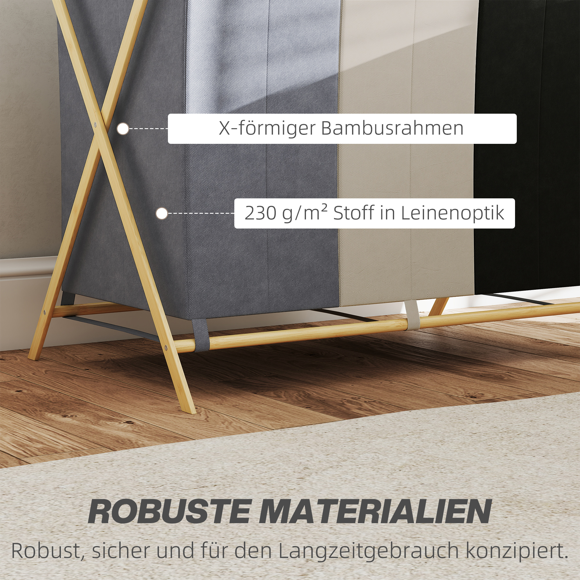 Wäschekorb mit 3 Fächern 129L Klappbar Wäschesammler für Waschküche Schlafzimmer Mehrfarbig