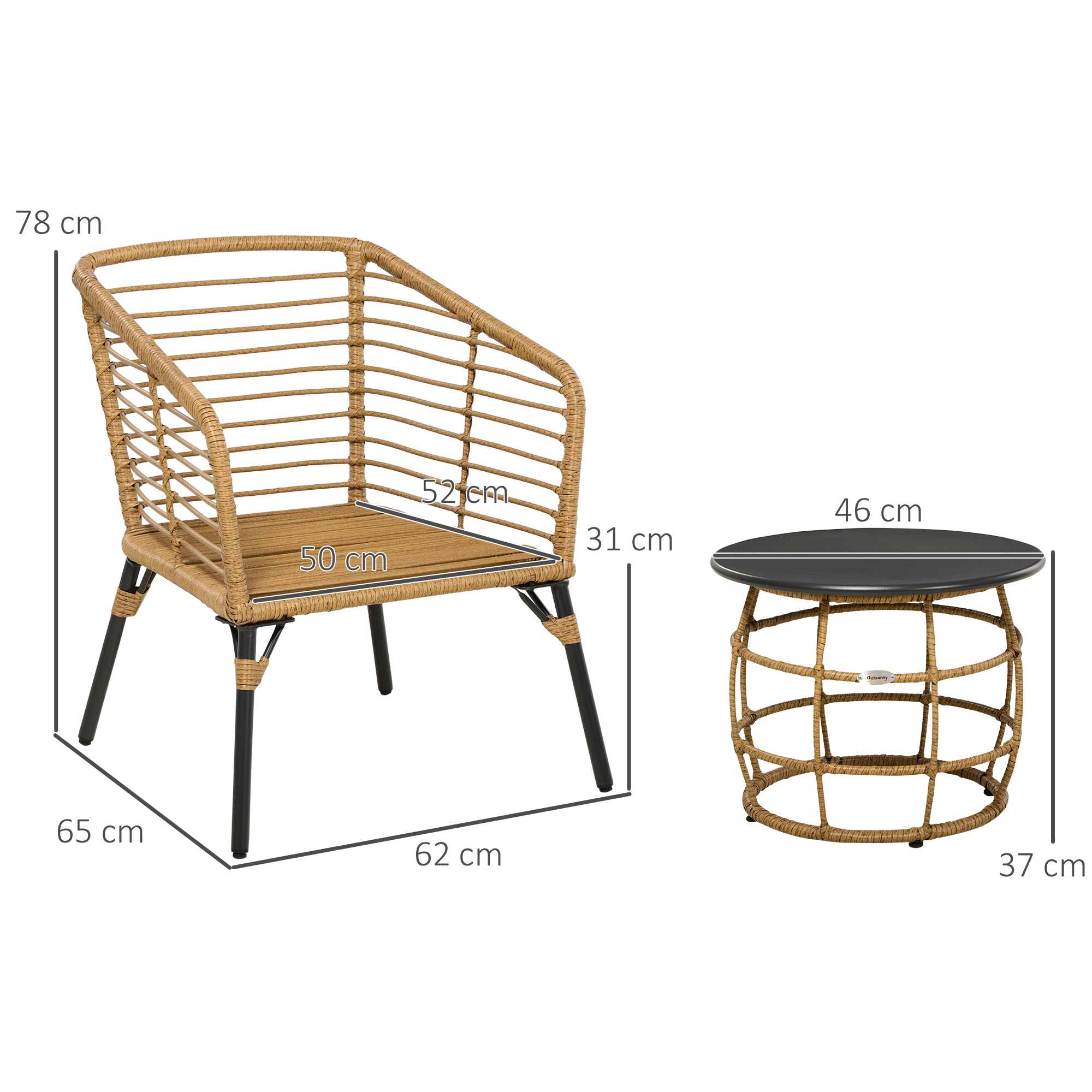 3-teiliges Bistro-Set, wetterbeständig, 1 Beistelltisch, 2 Stühle, 62 cm x 65 cm x 78 cm, Sand+Dunkelgrau
