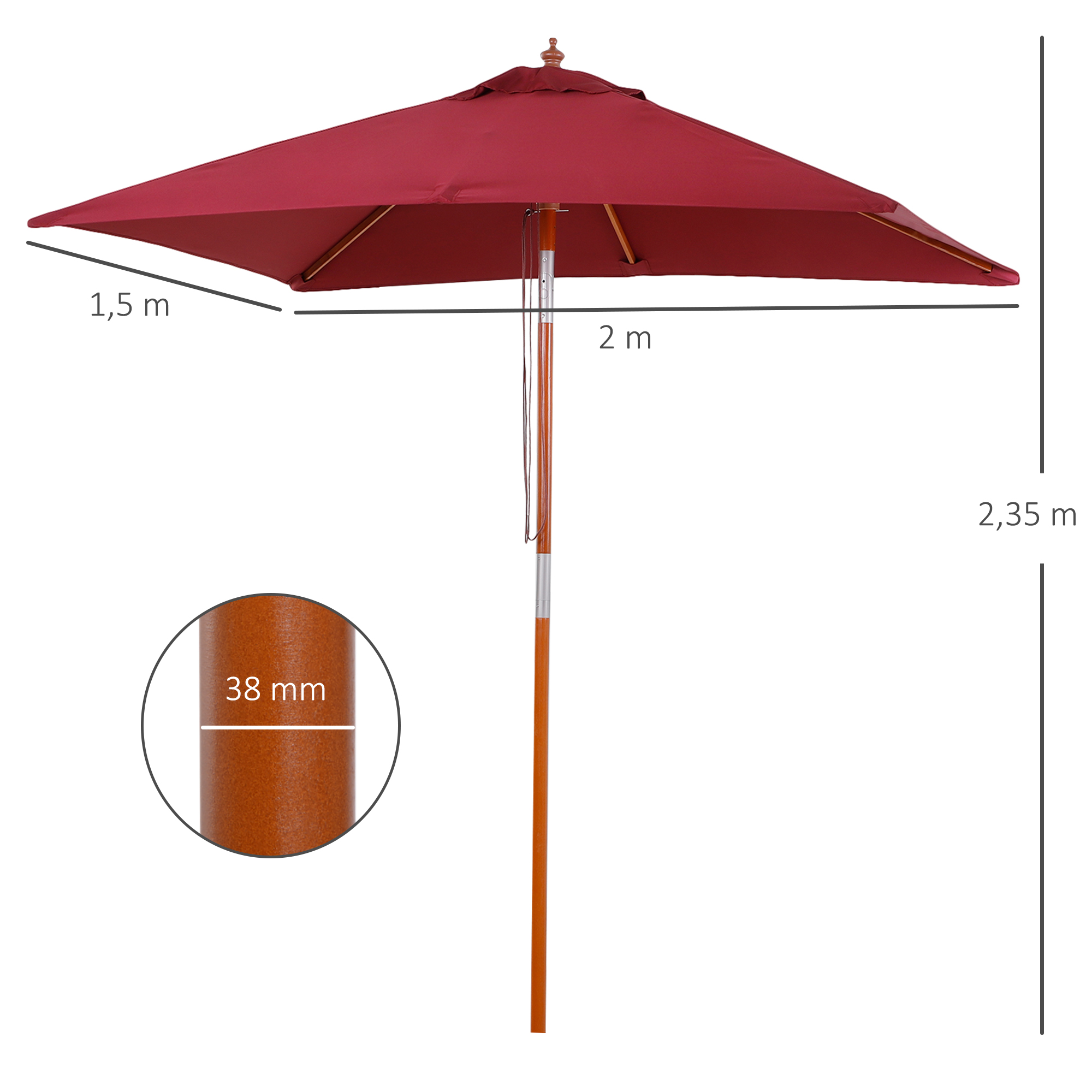 Sonnenschirm 200 x 150 x 235 cm Knickbarer Gartenschirm 3-stufig einstellbar rechteckig Strandschirm wasserabweisend und UV-beständig für Strand Balkon Terrasse Garten Weinrot