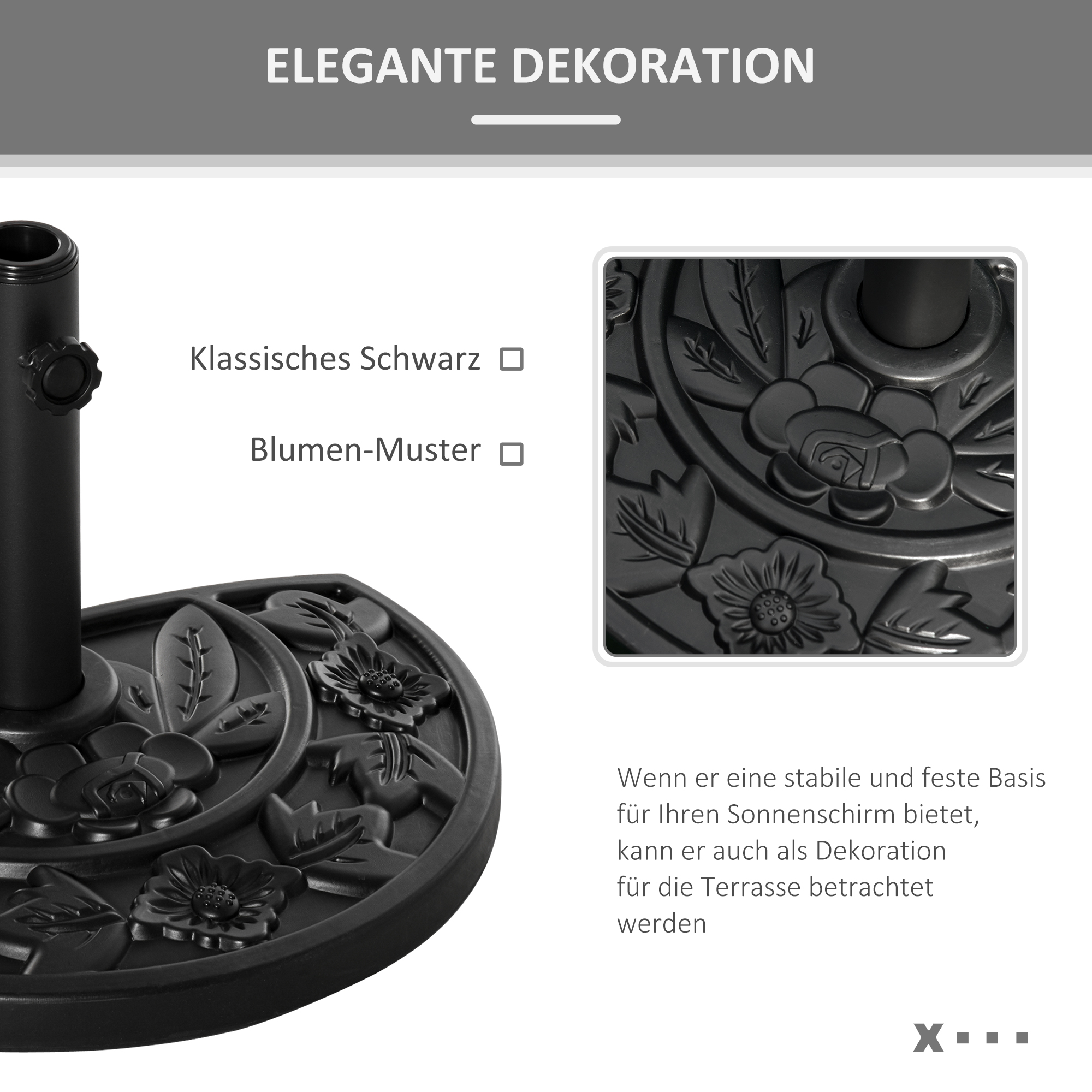 Sonnenschirmständer, halbrund, 9 kg, Blumendesign, HDPE/Zement, für Schirmmasten Ø35/38/48 mm