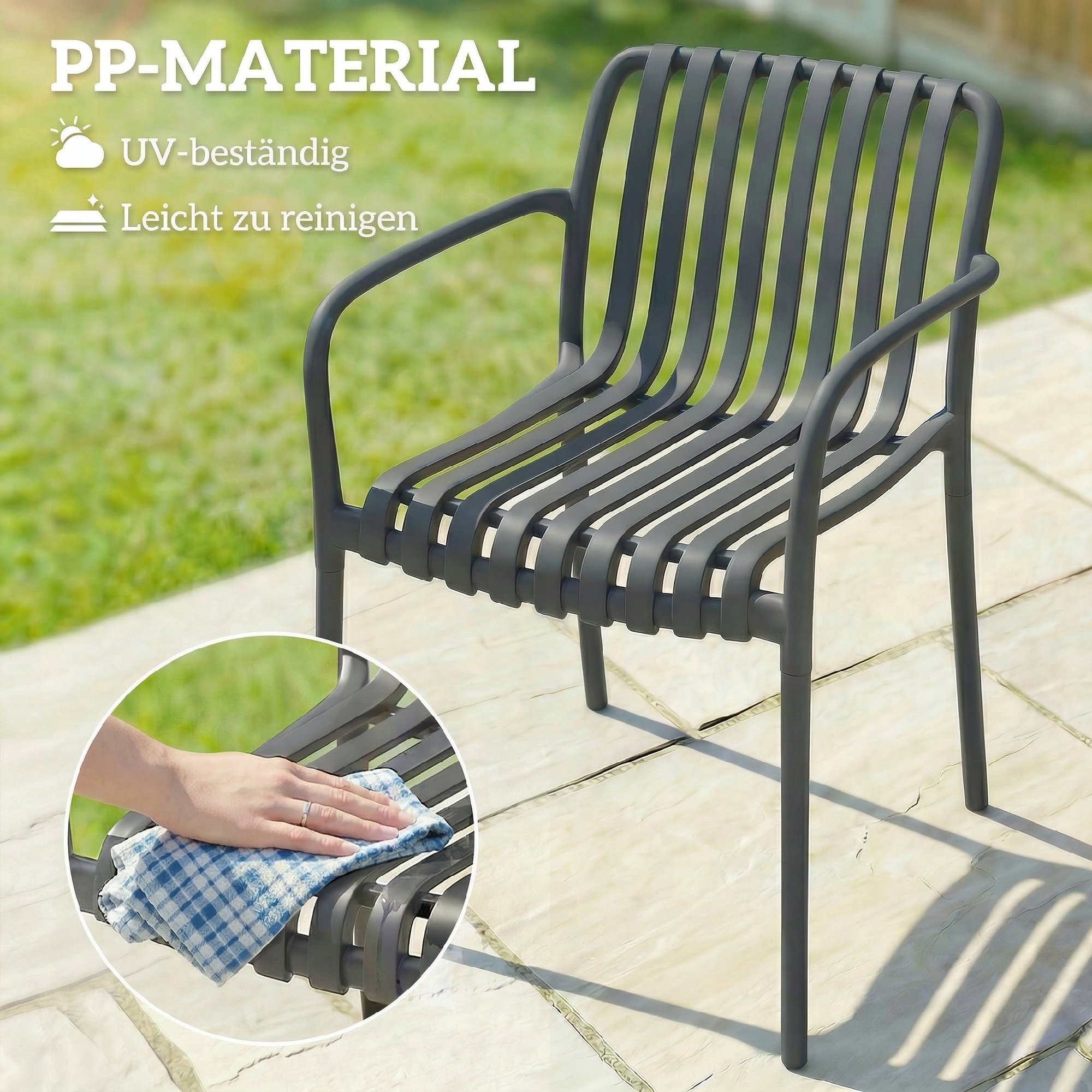 Gartenstühle 4er Set Stapelbare Terrassenstühle mit Lamelldesign Armlehnen, Ergonomisch Dunkelgrau