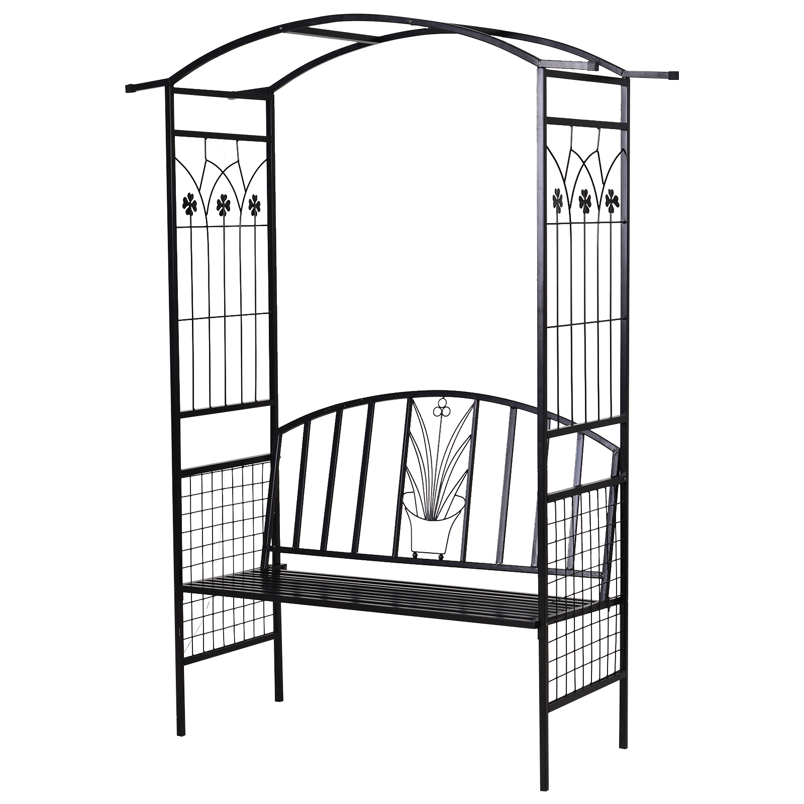 Pflanzbogen mit Bank Sitzbank Torbogen Rankgitter Rankhilfe Garten Bogendach Metall Schwarz 154 x 60 x 205 cm