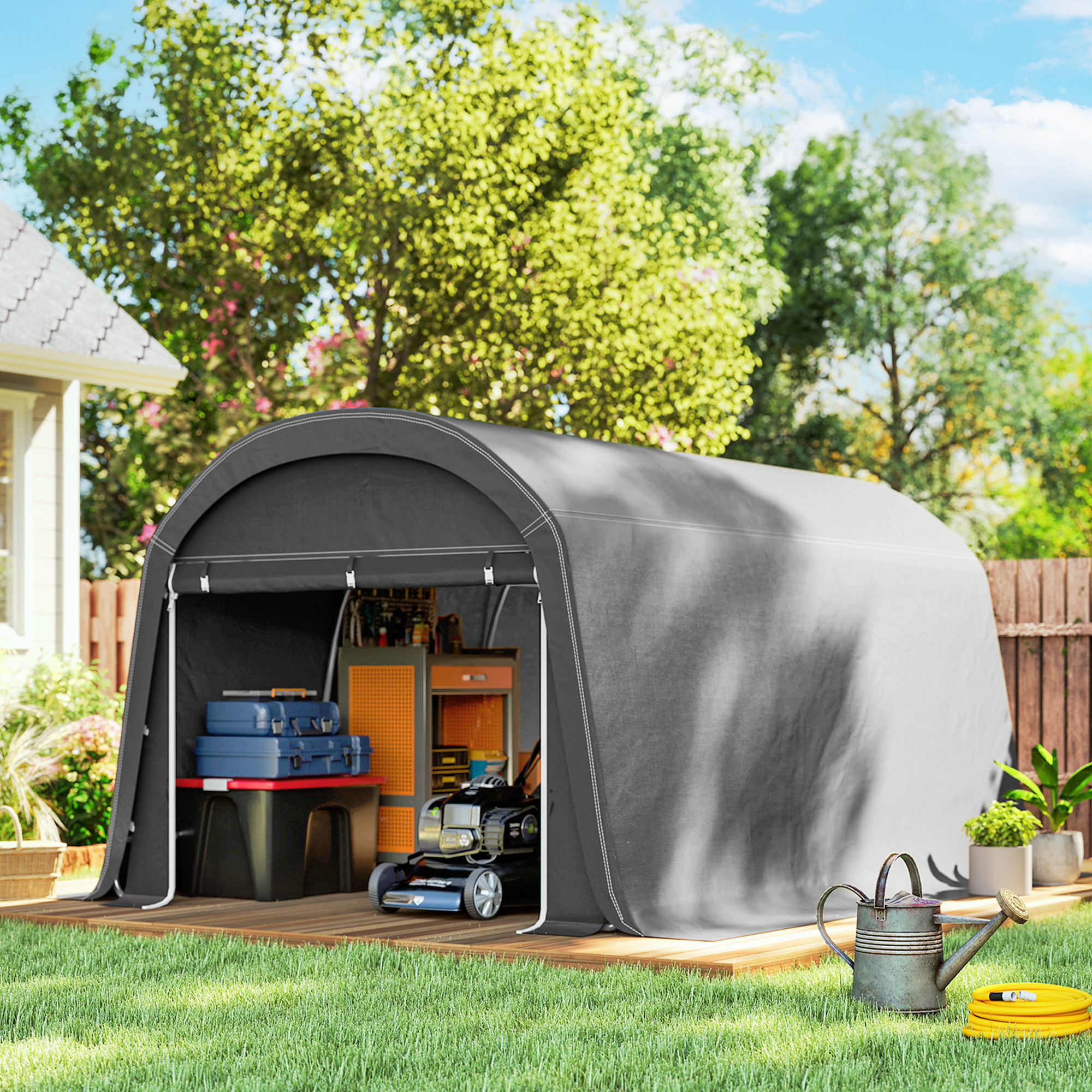 Gartenschuppen mit Kunststoff-Plane, Werkzeugzelt, aufstellbare Garage, 300B x 450T x 230H cm, Dunkelgrau