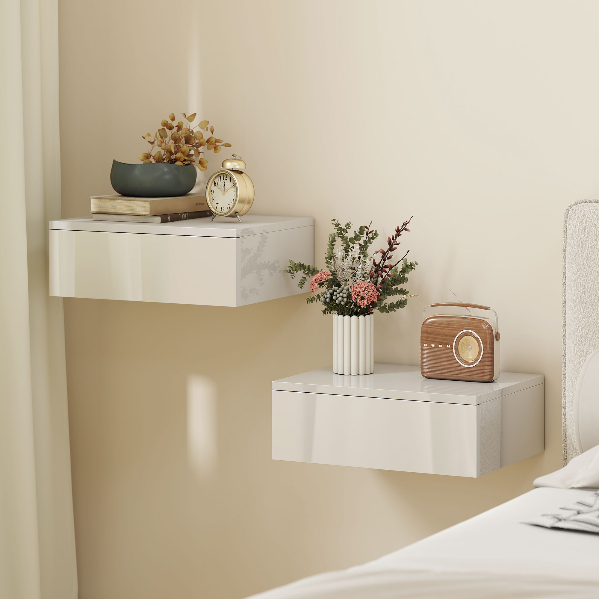 2er-Set Nachttische, wandmontiertes Design, Schublade, für Schlafzimmer, Spanplatte, Weiß
