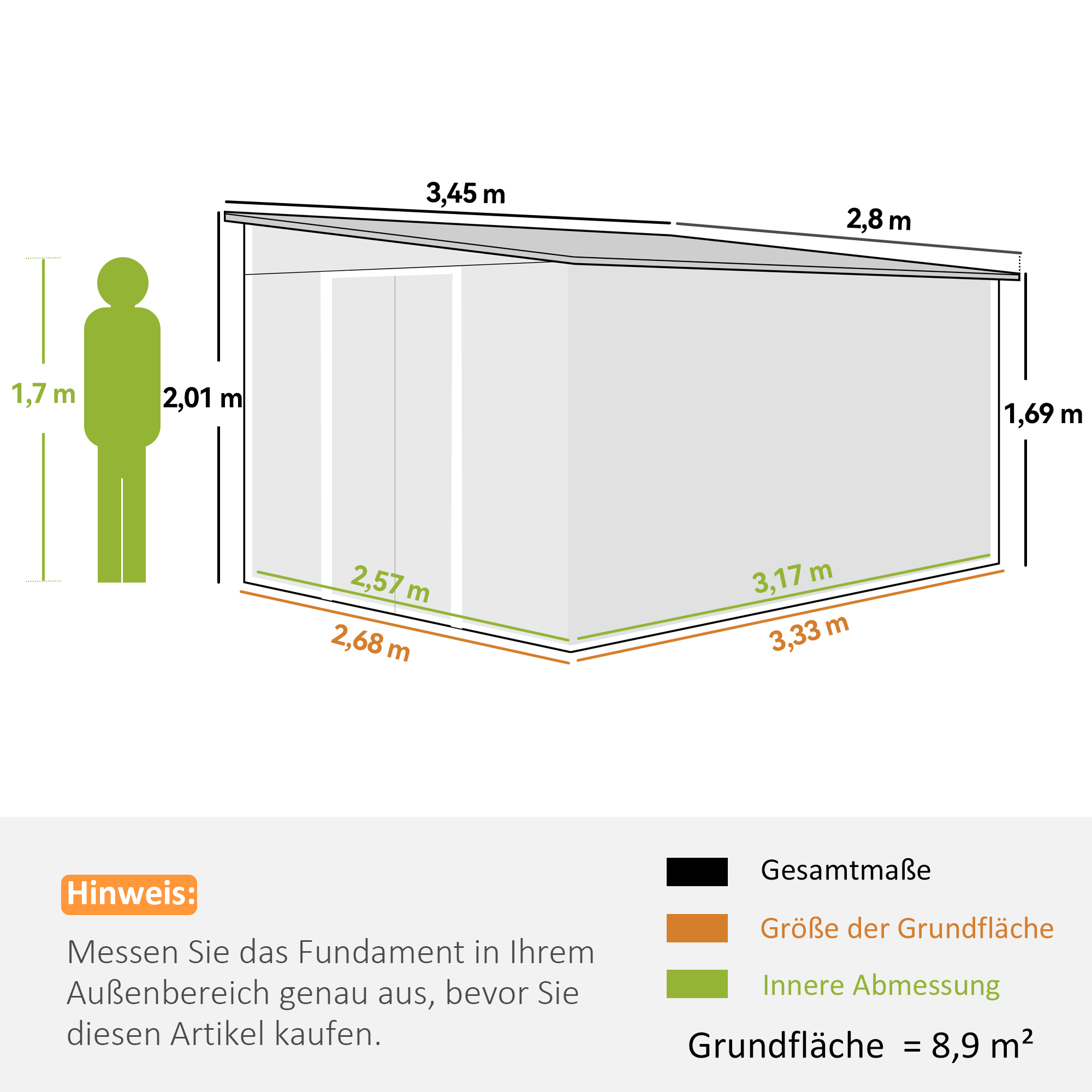 Metall-Geräteschuppen Schrägdach verriegelbare Doppeltür 2,8 x 3,45 x 2,01m Grau