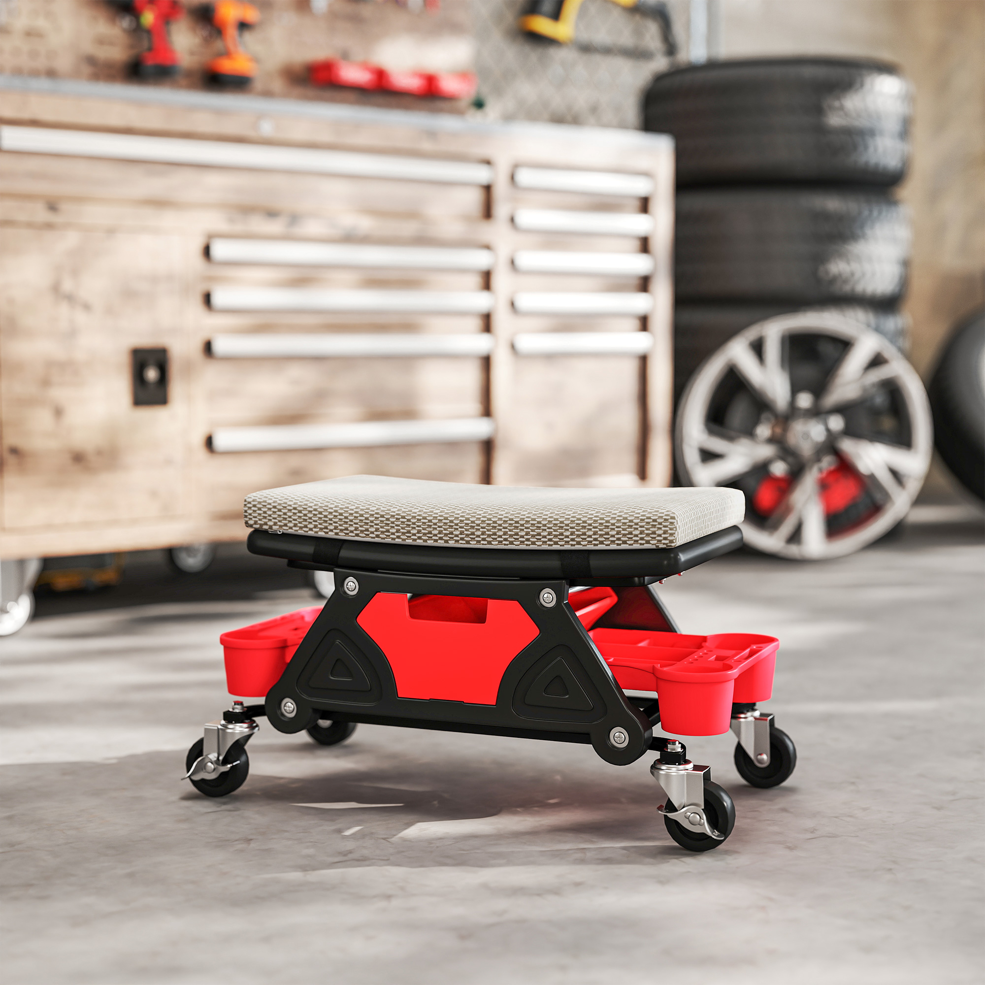 Werkstatthocker mit Rollen Ablagefläche 35cm hoch Rollhocker bis 135 kg belastbar Grau