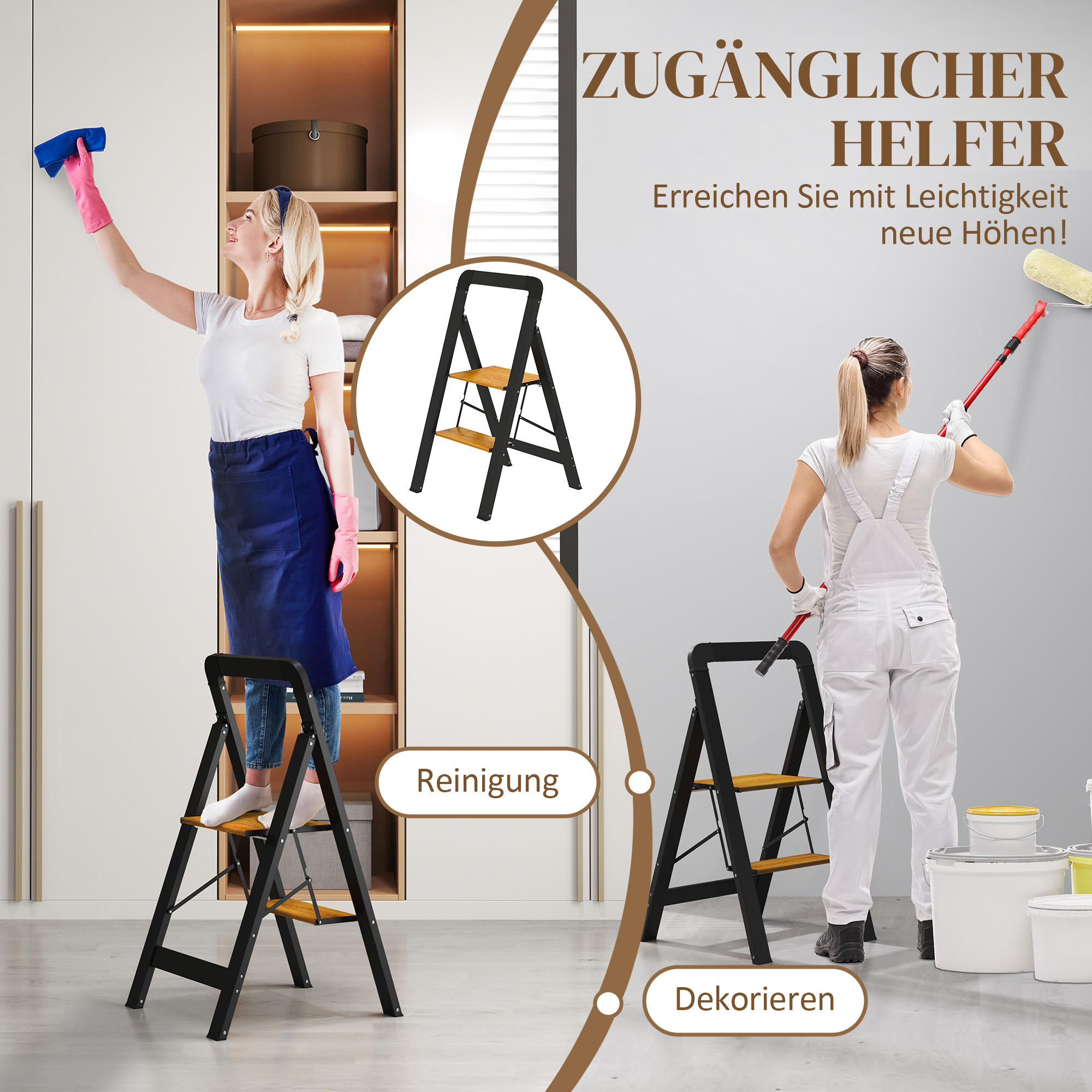 2-stufige Trittleiter, Metall, faltbar, rutschfeste Plattform, Schwarz