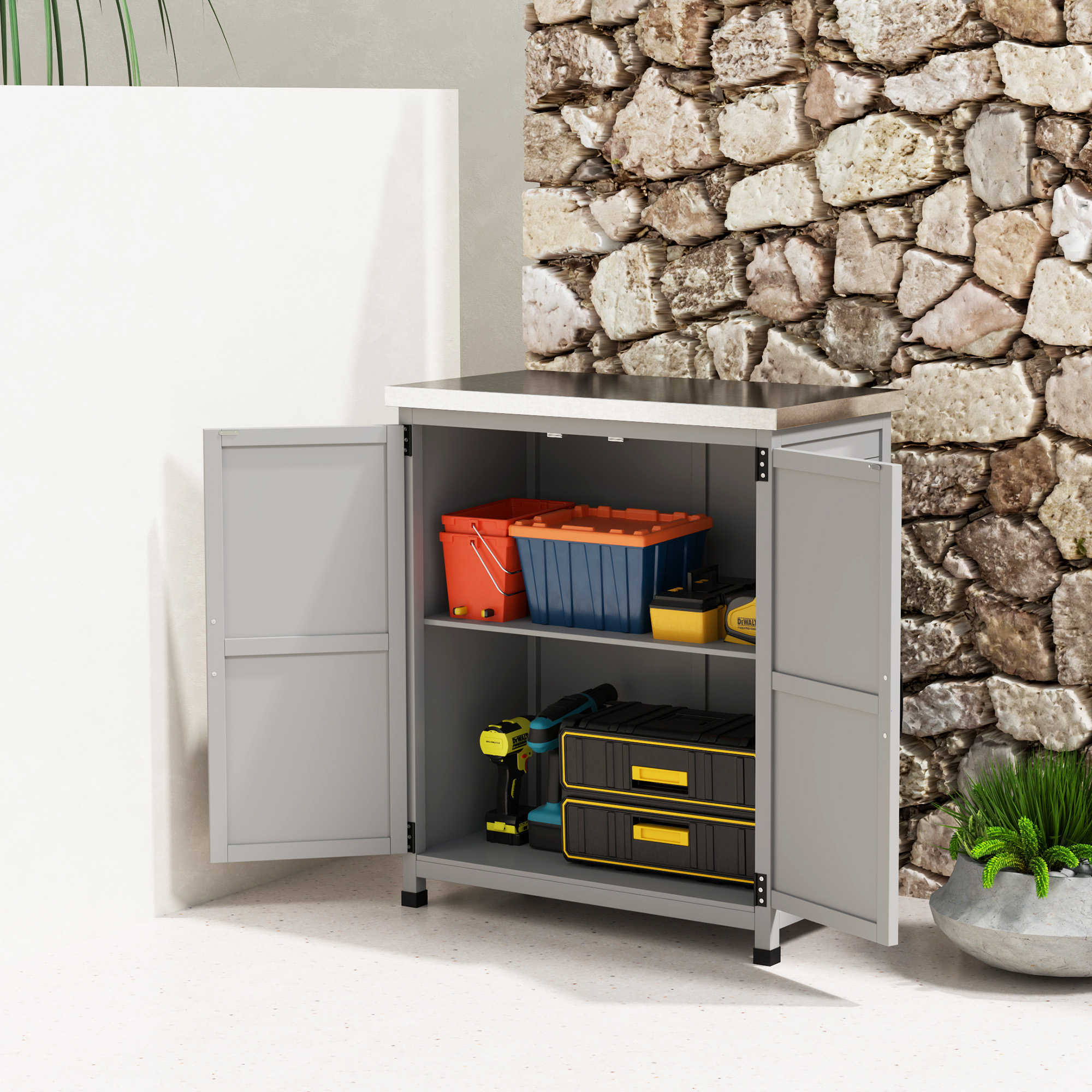 Gartenschrank, Außenschrank mit Arbeitsfläche, Werkzeugschrank, Massivholz, Stahl, 79B x 43T x 92H cm, Grau