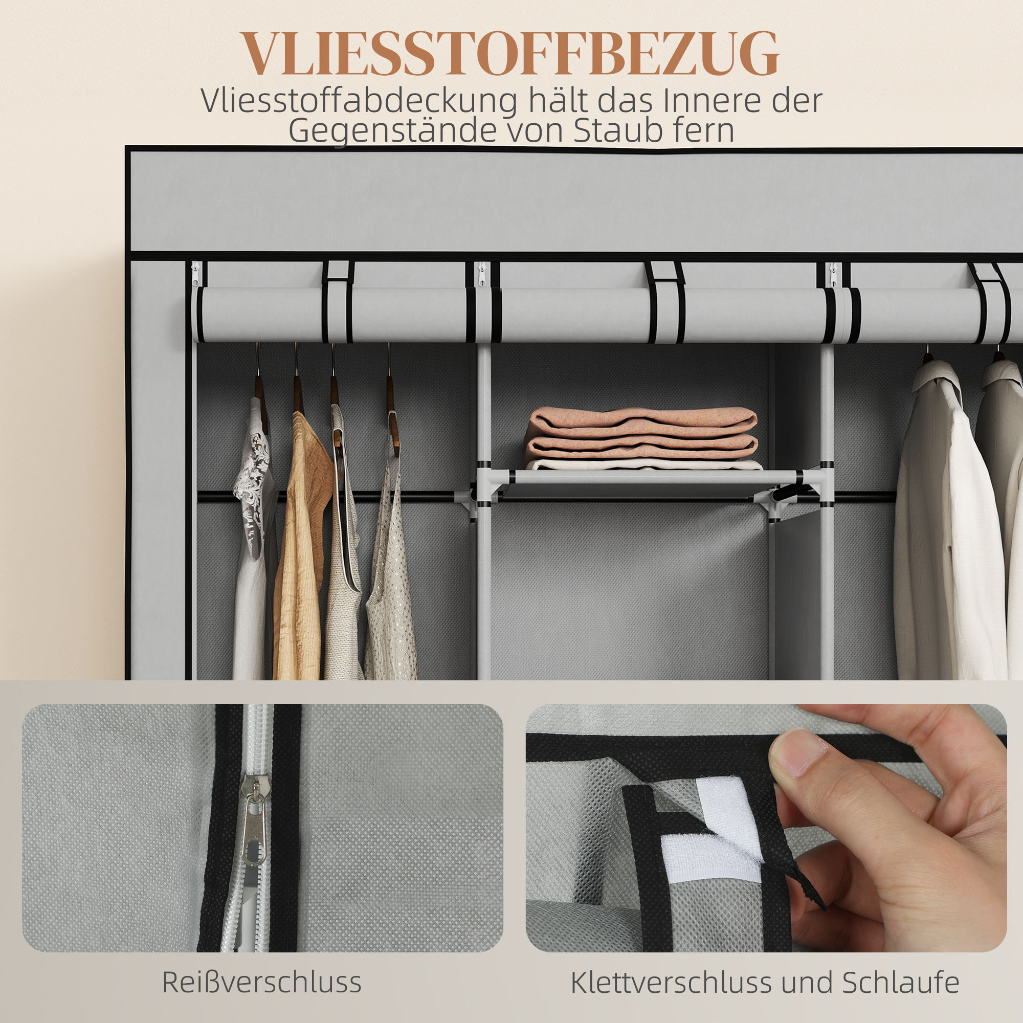 Schrank aus Stoff, Aufbewahrungslösung, 8 Regale, 2 Kleiderstangen, Grau