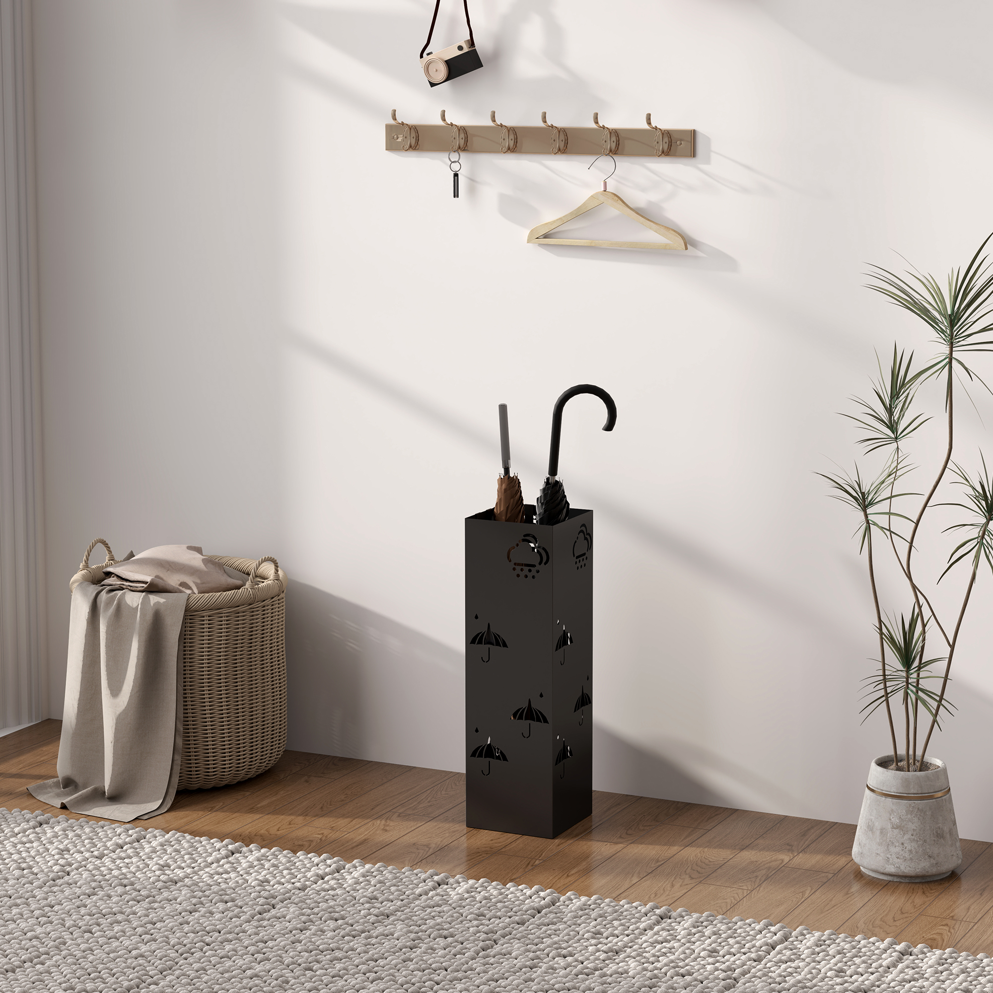 Schirmständer aus Metall, 4 Haken, Wolken- und Schirmmuster, Tropfblech, Schwarz