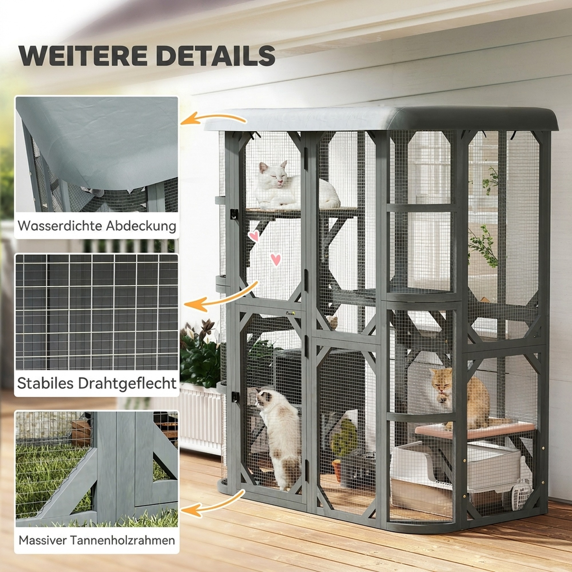 Katzengehege Outdoor begehbar Holz Katzenhaus mit 4 Plattformen wasserabweisend Oxford-Dach 2-3 Katze bis 8 kg