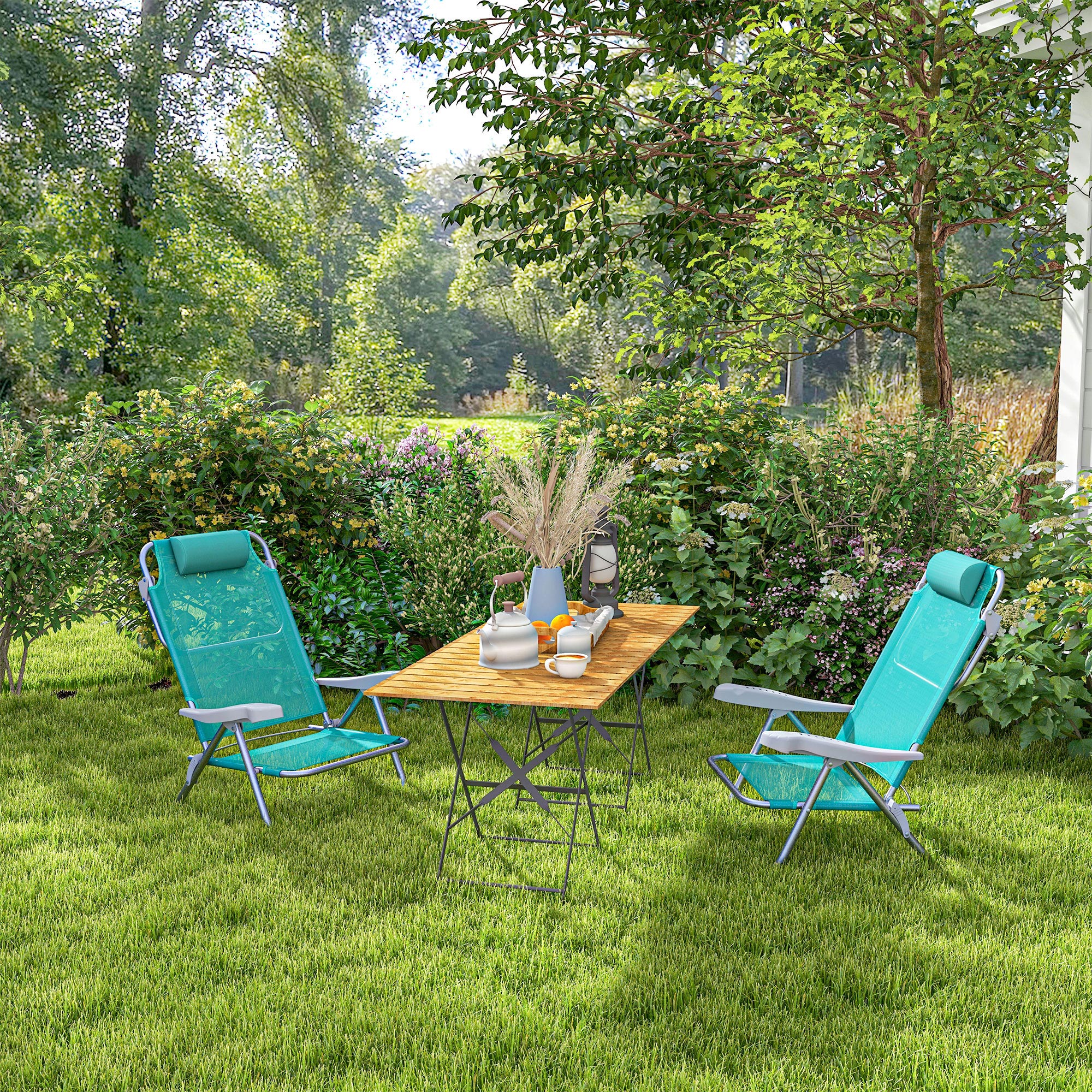 2er Set Campingstühle klappbar Campingstuhl mit 6-fach verstellbarer Netzrückenlehne Kopfstütze 62 x 65 x 80 cm Türkis