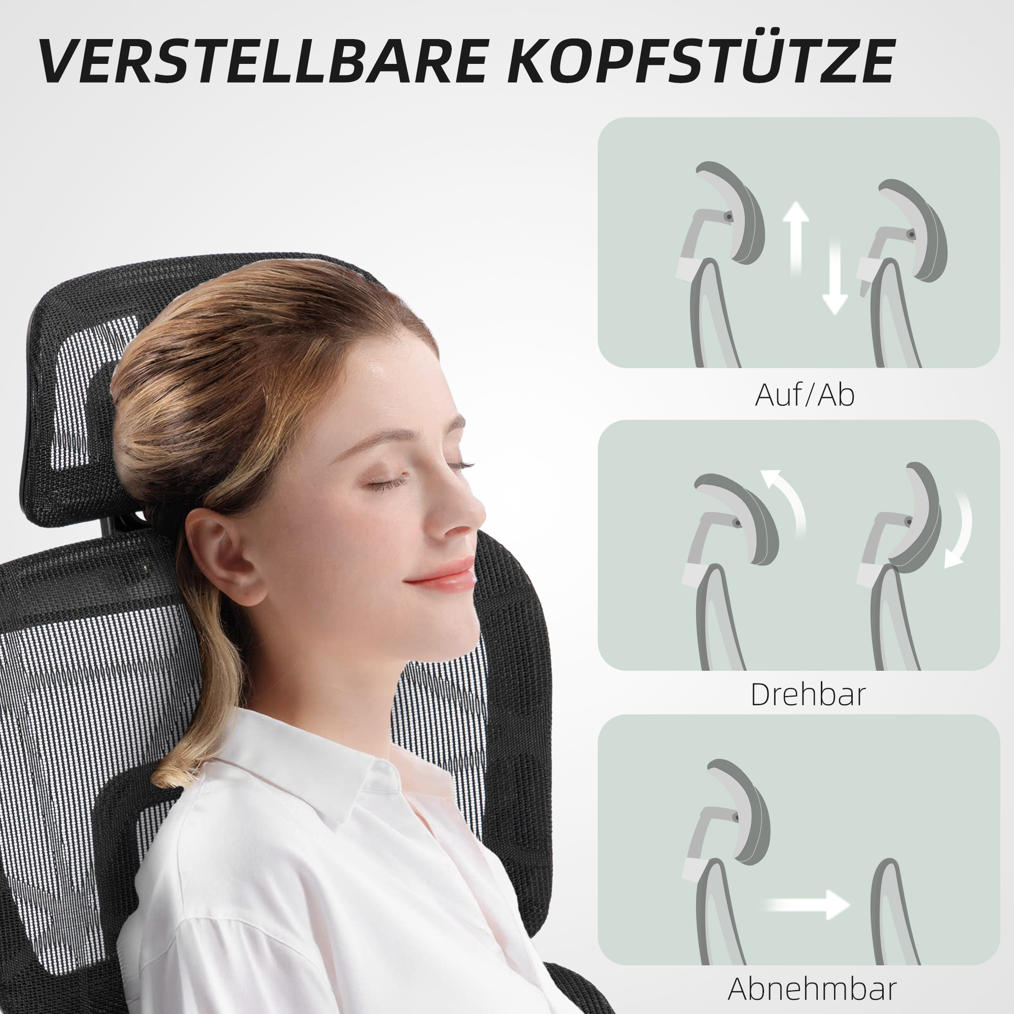 Bürostuhl, Ergonomischer Schreibtischstuhl mit Netzstoffbezug, verstellbar, rollbar, mit Armlehnen, Kopfstütze, Schwarz