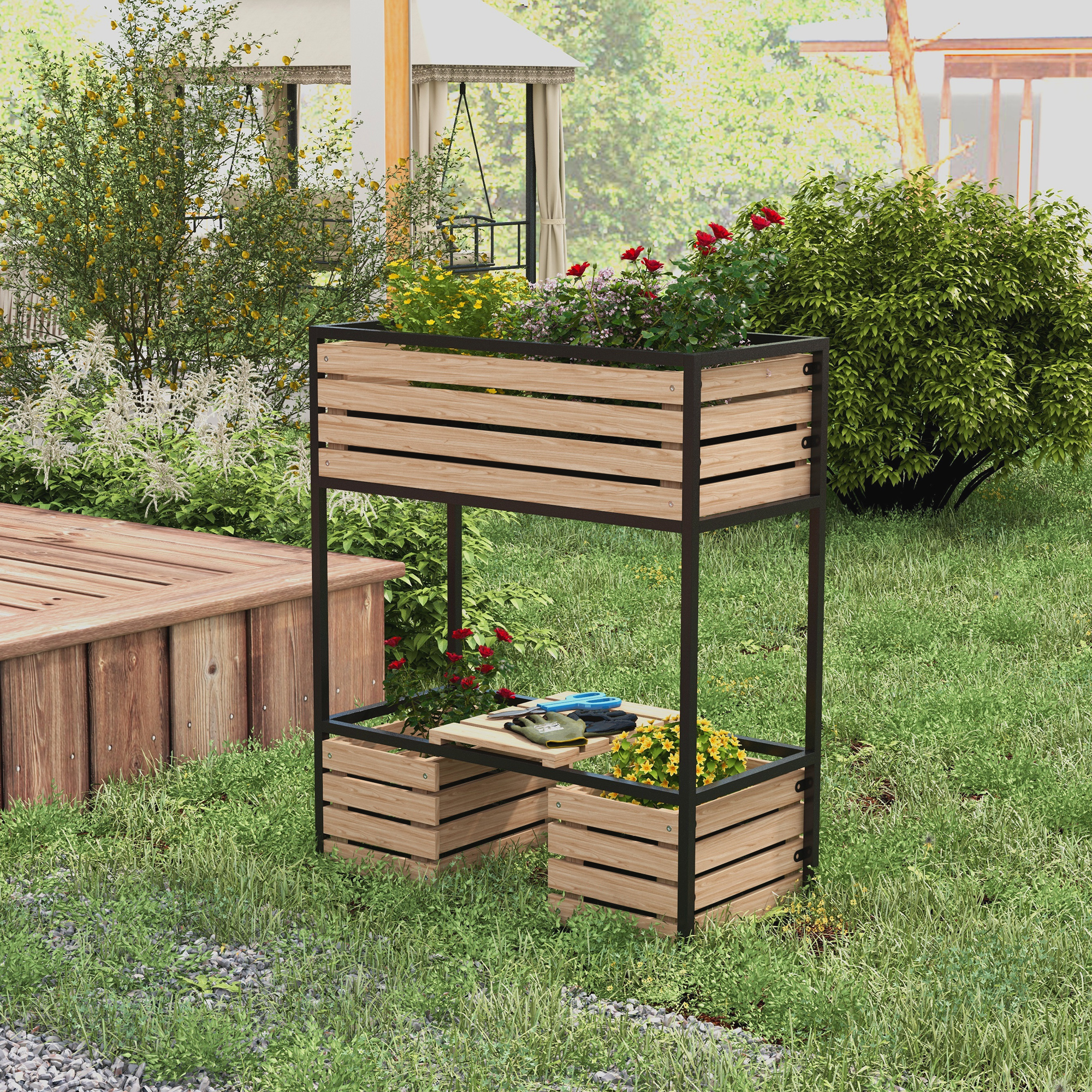 Planzkasten Blumentreppe Hochbeet, weterbeständig, 3 Pflanzkästen, 83 cm x 39 cm x 100 cm, Natur + Schwarz