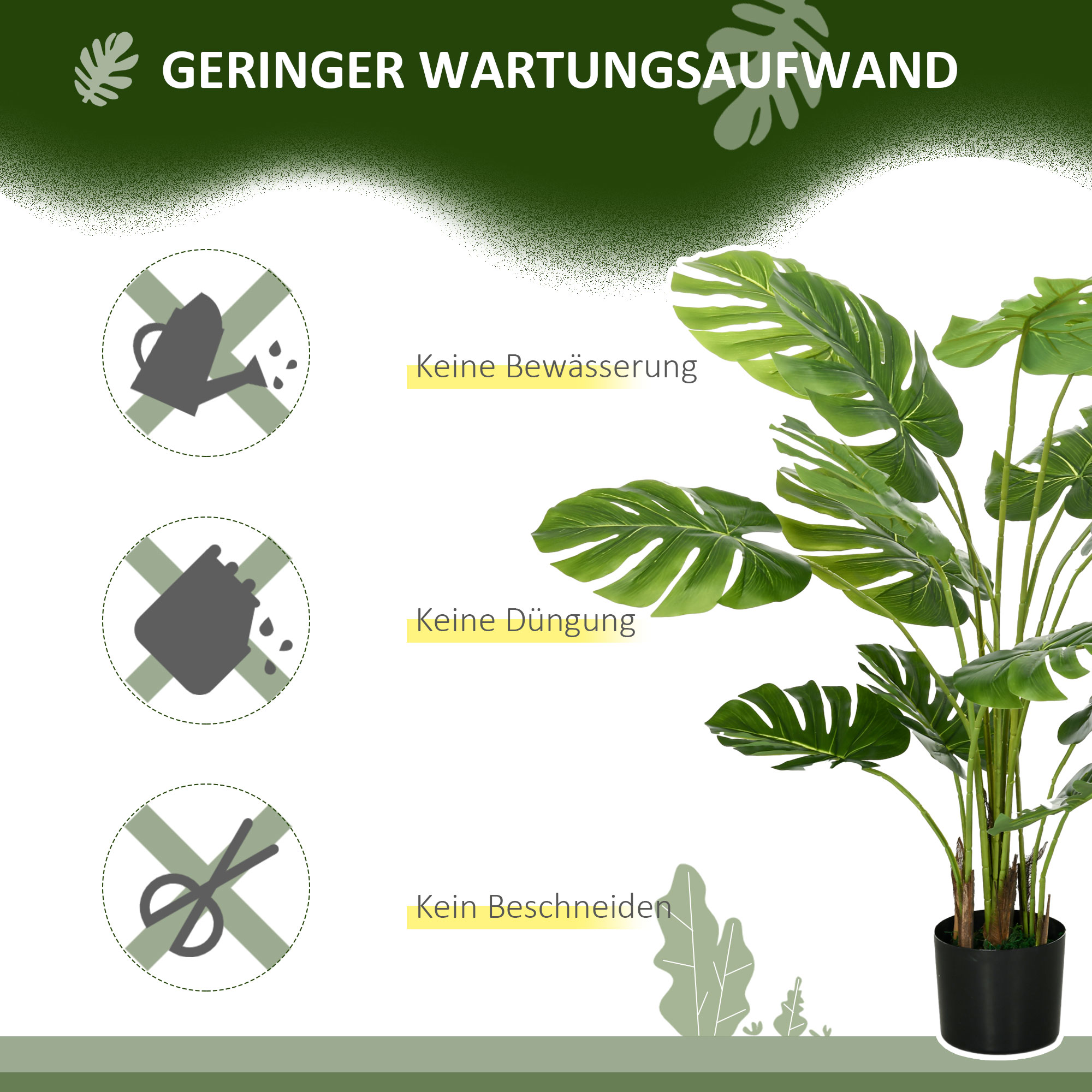 Kunstpflanze Realistische Kunstpflanze Monstera Deliciosa,1 Übertopf und Zementerde,17,5 cm x 17,5 cm x 120 cm, Grün
