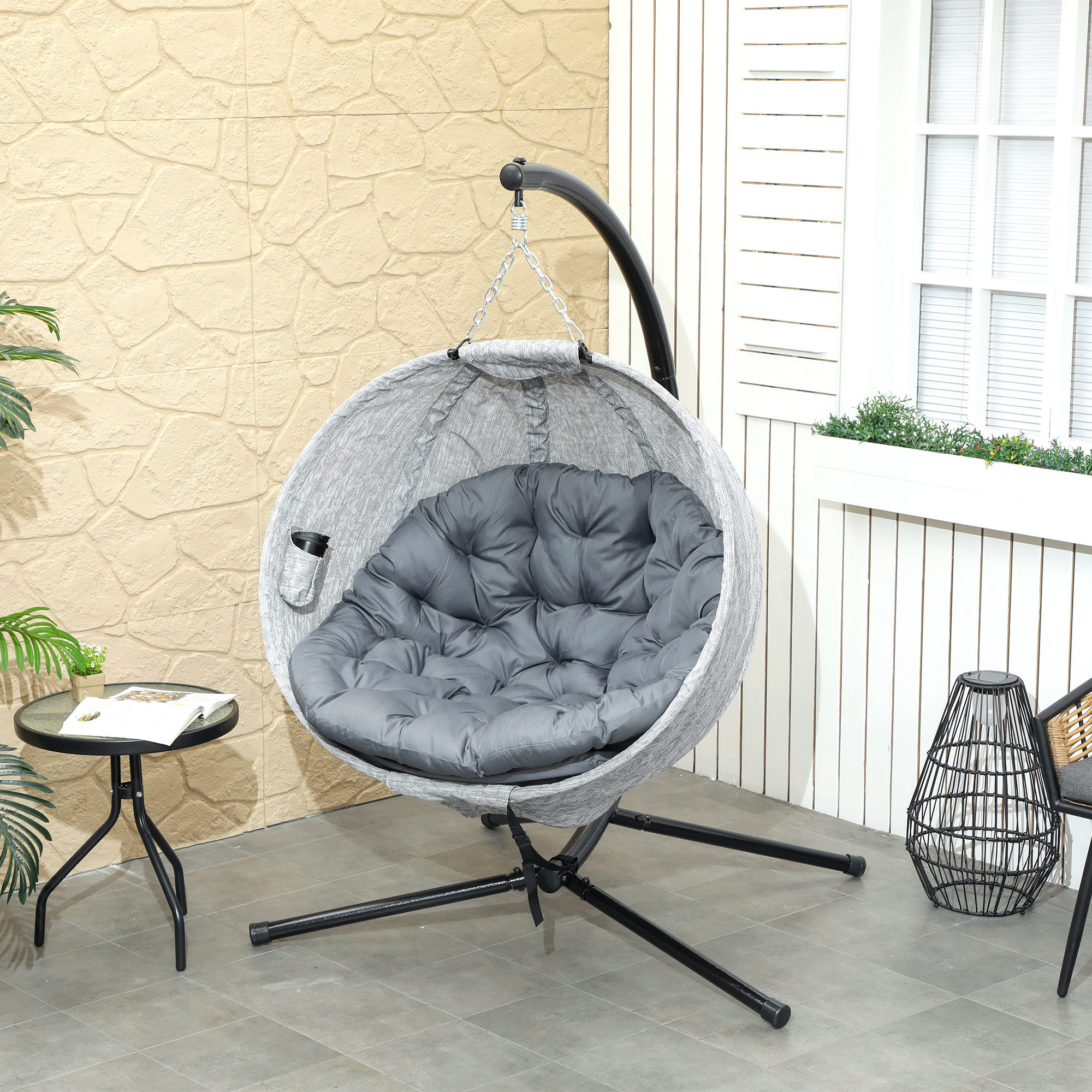 Eiförmiger Hängekorb, Hängesessel mit Schaukelfunktion und faltbarem Korb, Gartenstuhl, Becherhalter, Grau