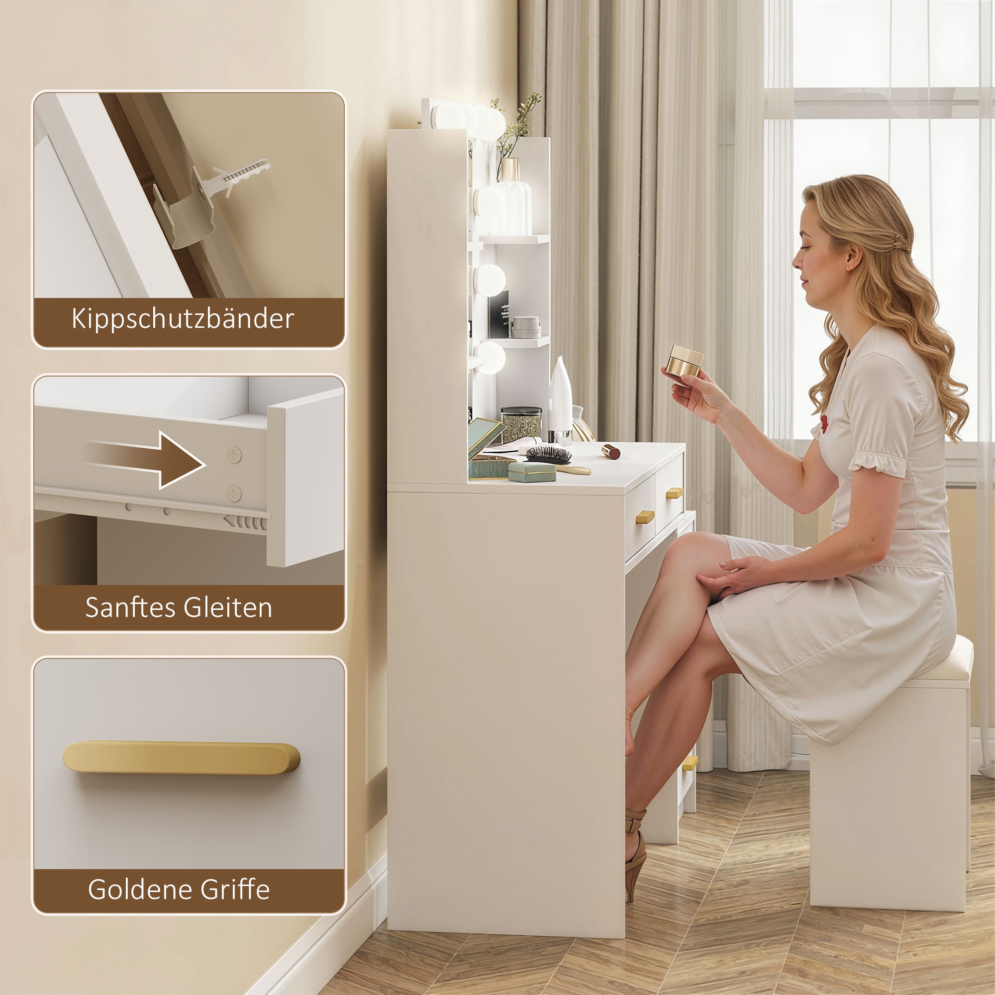 Schminktisch mit beleuchtetem Spiegel und gepolstertem Hocker, Schminkset mit 6 Schubladen und Ablagen, Weiß