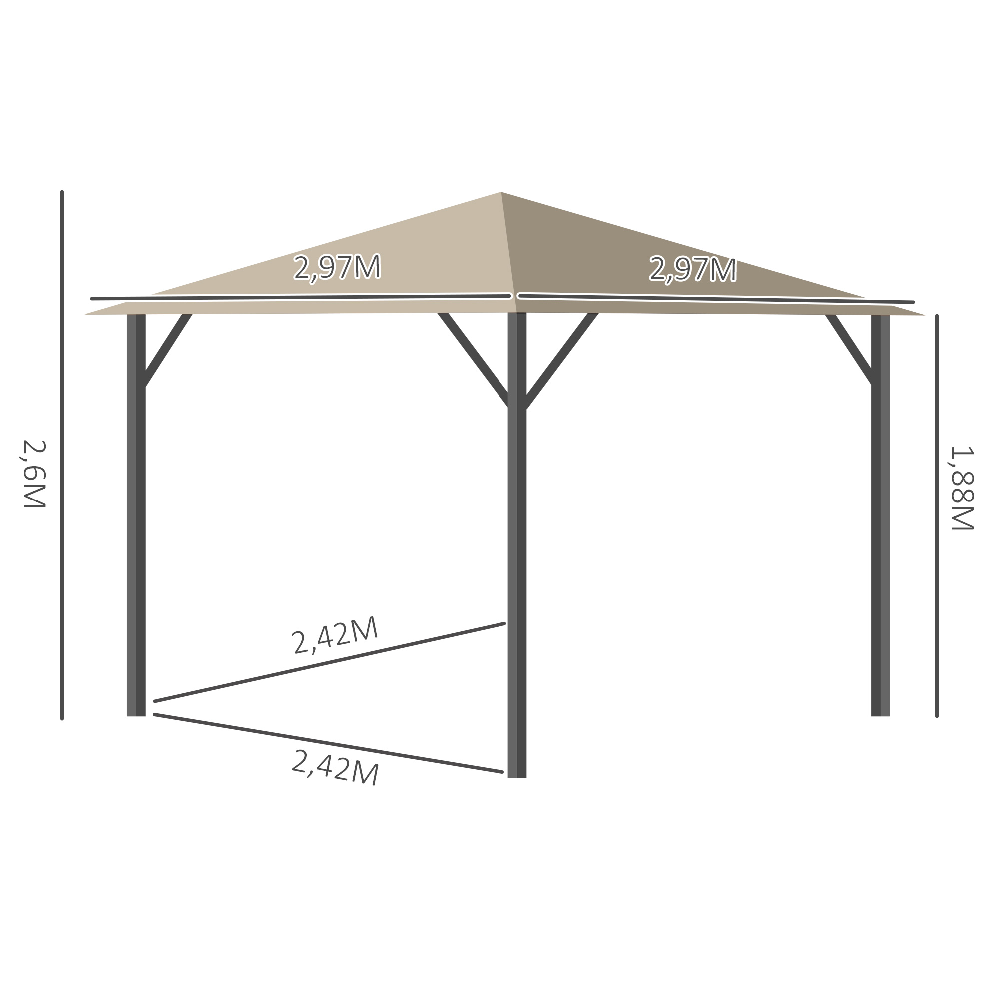 Gartenpavillon Pavillon 3 x 3 m Gartenzelt Dach mit Belüftungslöcher Festzelt Partyzelt mit 4 x Seitenteile wetterfest Aluminium Polyester khaki