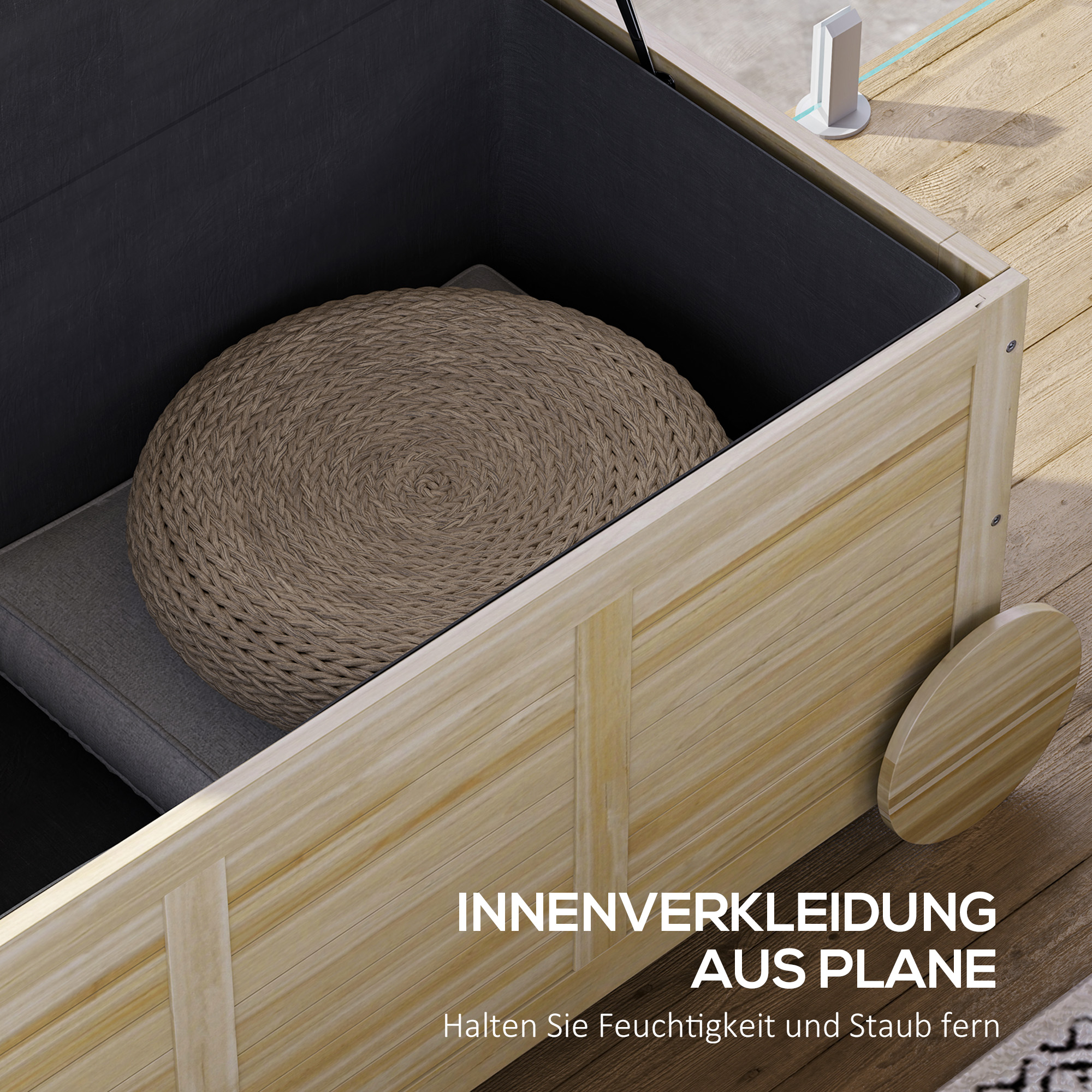 185 L Außenlagerbox, Lagerkiste mit Rädern, wetterbeständig, Tannenholz, 110 x 50 x 50 cm, Hellbraun