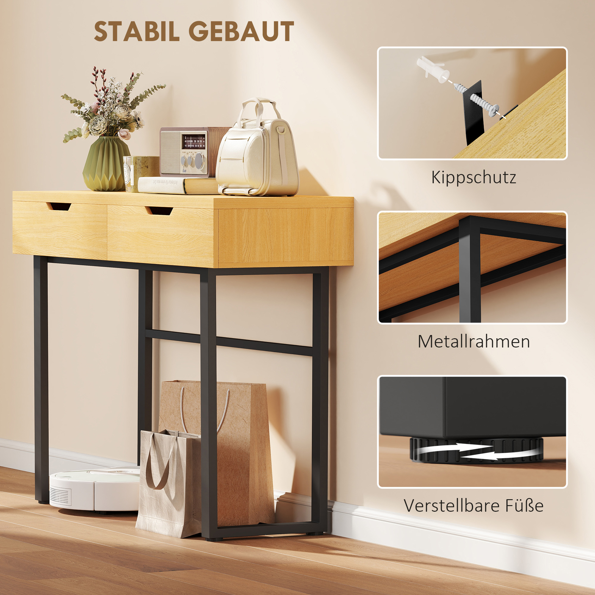 Konsolentisch Schmaler Flurtisch mit 2 Schubladen, Metallrahmen, für Flur 110 x 35 x 76,5 cm Natur