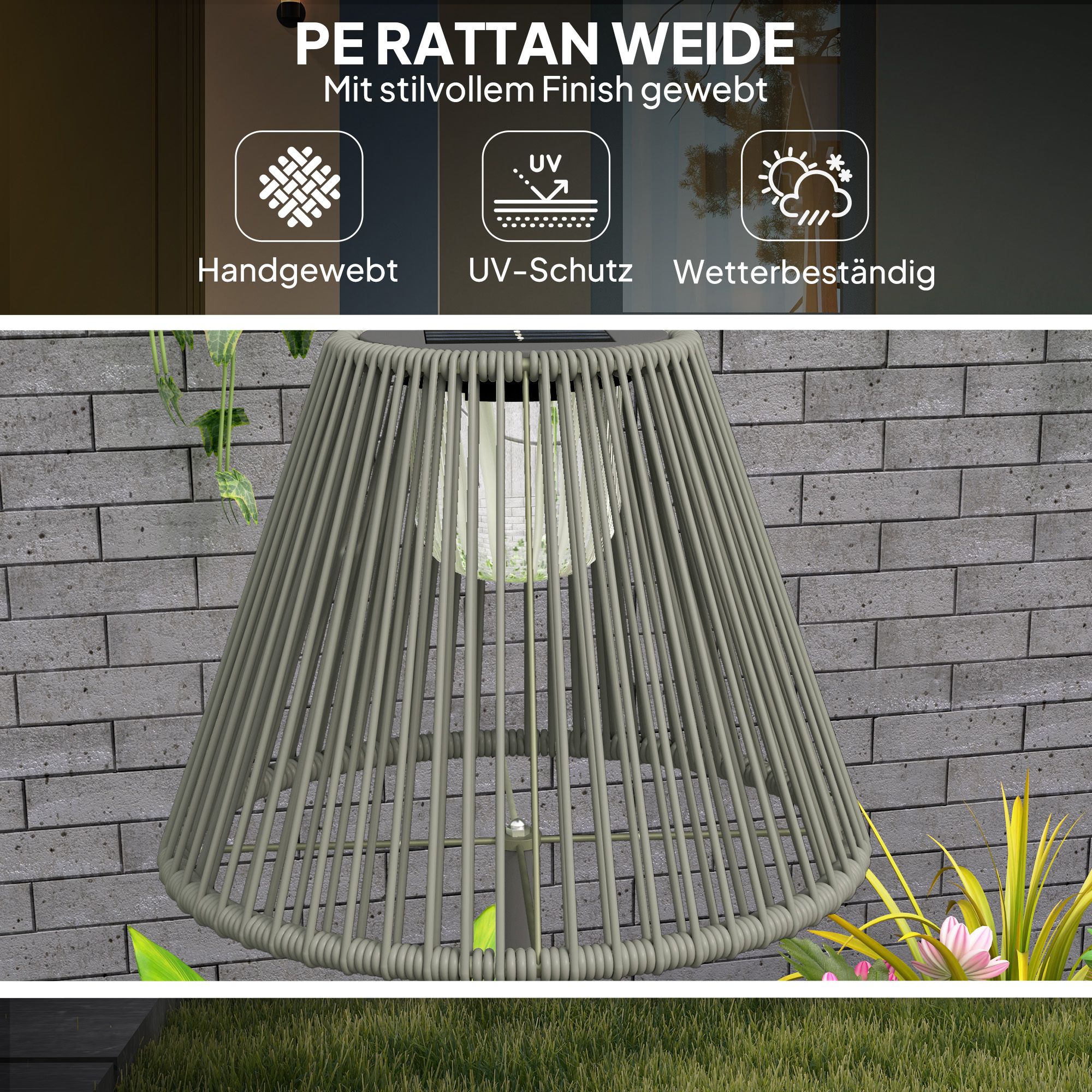 Solar Stehlampe Rattan Solarlampen mit Lichtsensor 25 LED-Lichte Solarleuchte im Boho-Stil Ø33 x 135 cm