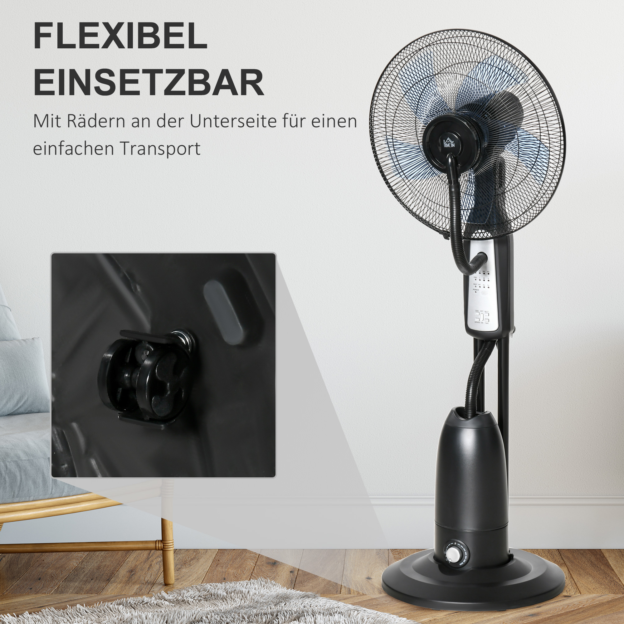 Standventilator, Luftbefeuchter, mit 2,8L Tank, 3 Modi, Fernbedienung, mobil, schwarz, Ø44,5  x 120 cm