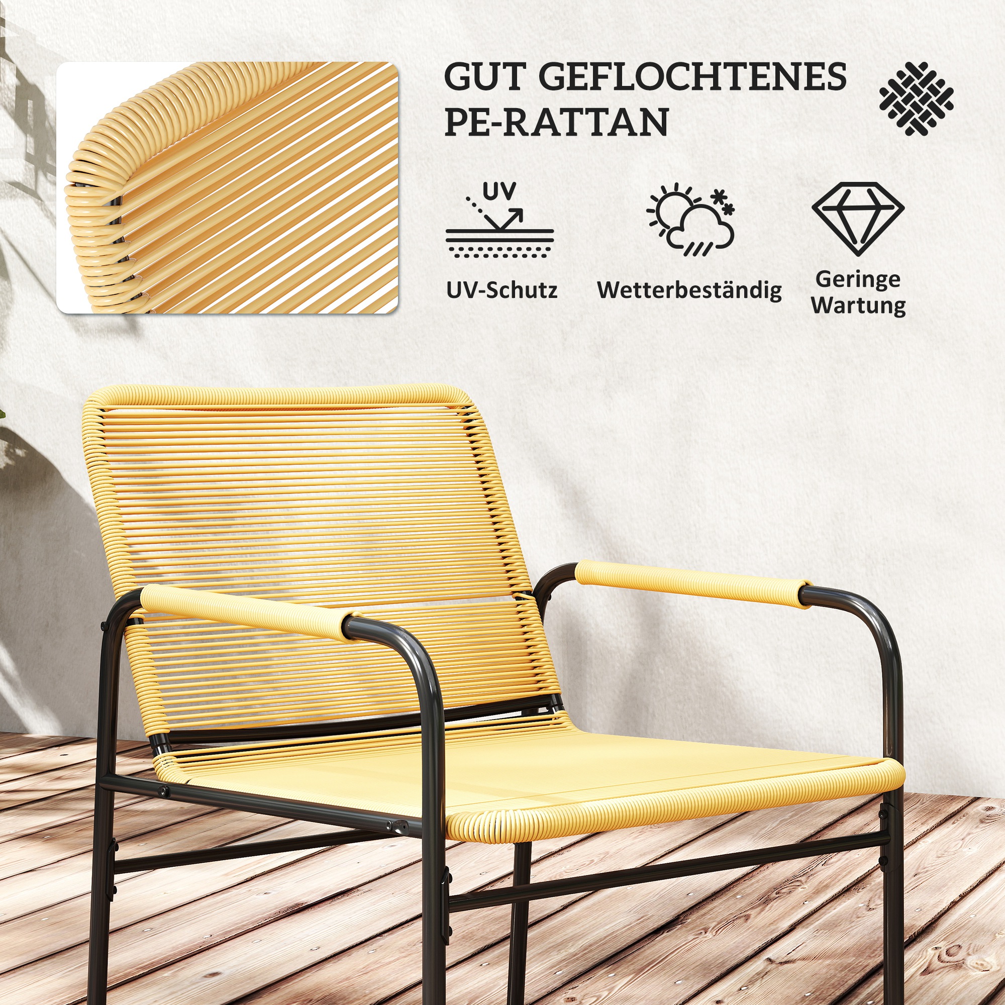 3-tlg, Rattan Bistroset, Sitzgruppe, Gartengarnitur mit 2 Gartensesseln, Couchtisch 54 x 66 x 76 cm Gelb