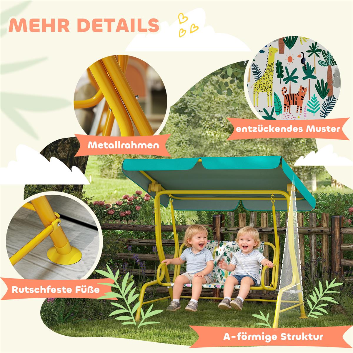 2-Sitzer Kinder Hollywoodschaukel mit verstellbar Sonnendach Sicherheitsgurt für 3-6 Jahre bis 60 kg 112x75x120cm Grün