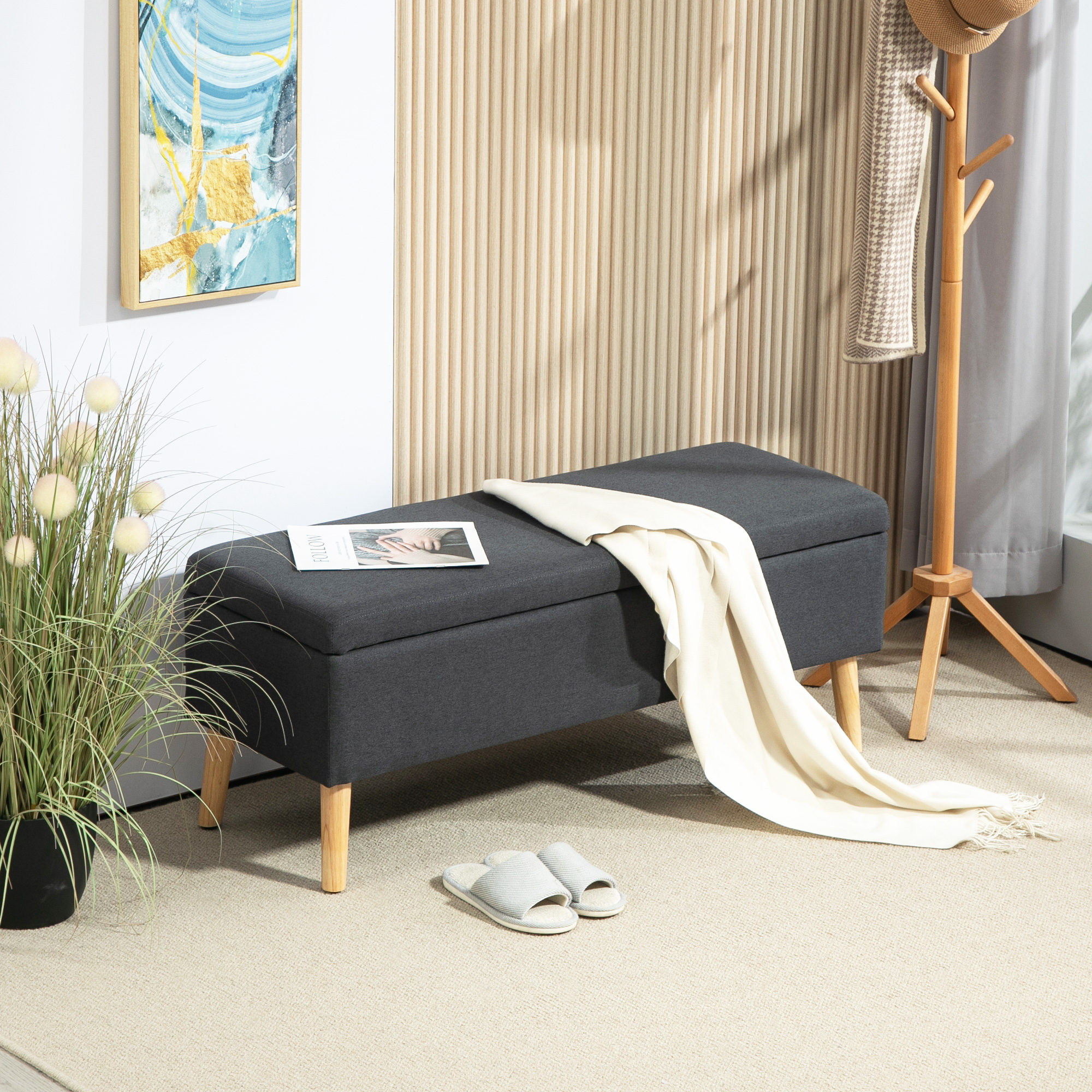 Polsterbank mit Stauraum, Bettbank in Leinenoptik, Kautschukholz, 110 x 39 x 45 cm, Dunkelgrau