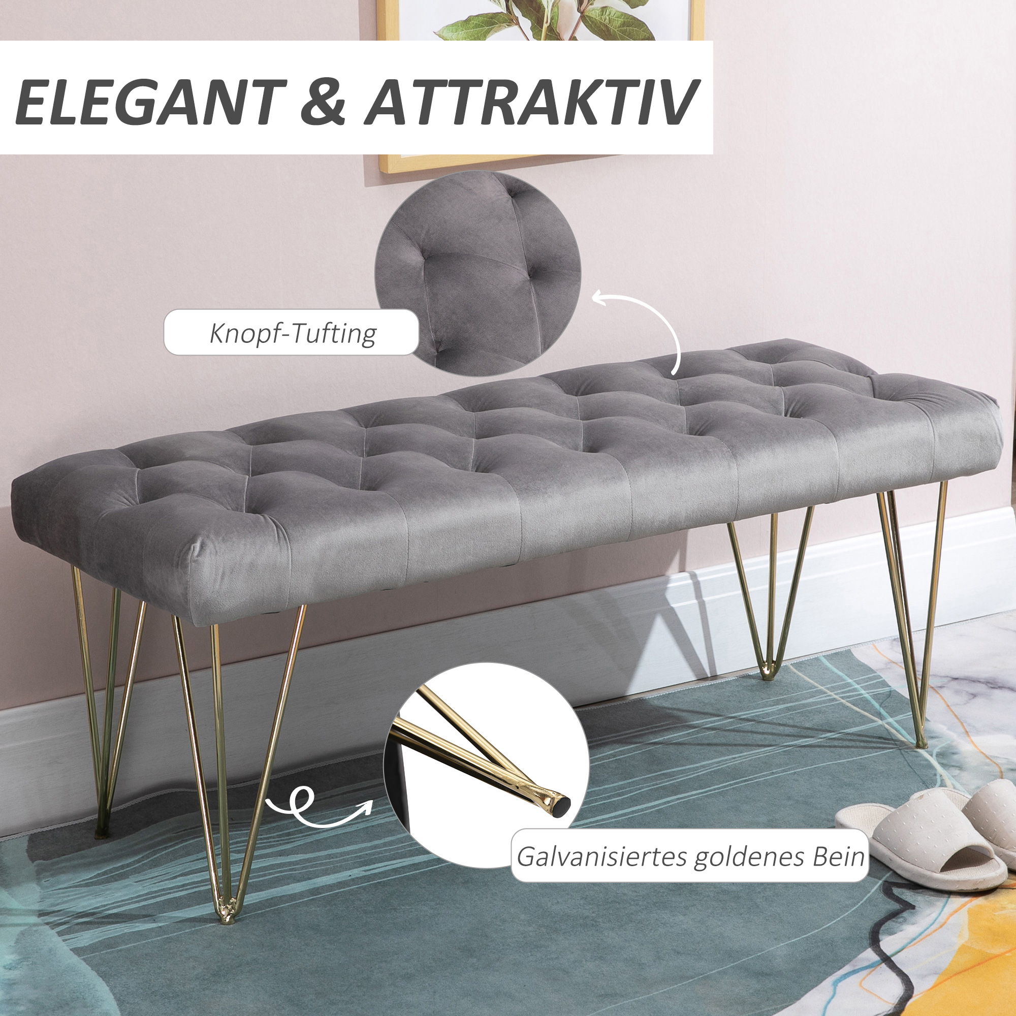 Sitzbank Polsterbank Pianobank Schuhbank mit Samtoptik Bettbank Klavierbank für Schlafzimmer, Wohnzimmer, Flur, Metall Grau 116 x 44,5 x 49 cm