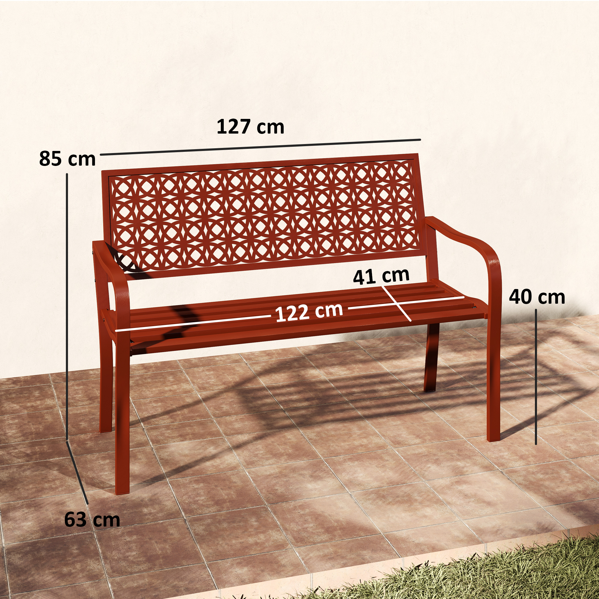 Außenbank, Gartenbank aus Stahl, Ausgeschnittene Rückenlehne, Armlehnen, für 2 Personen, Rot