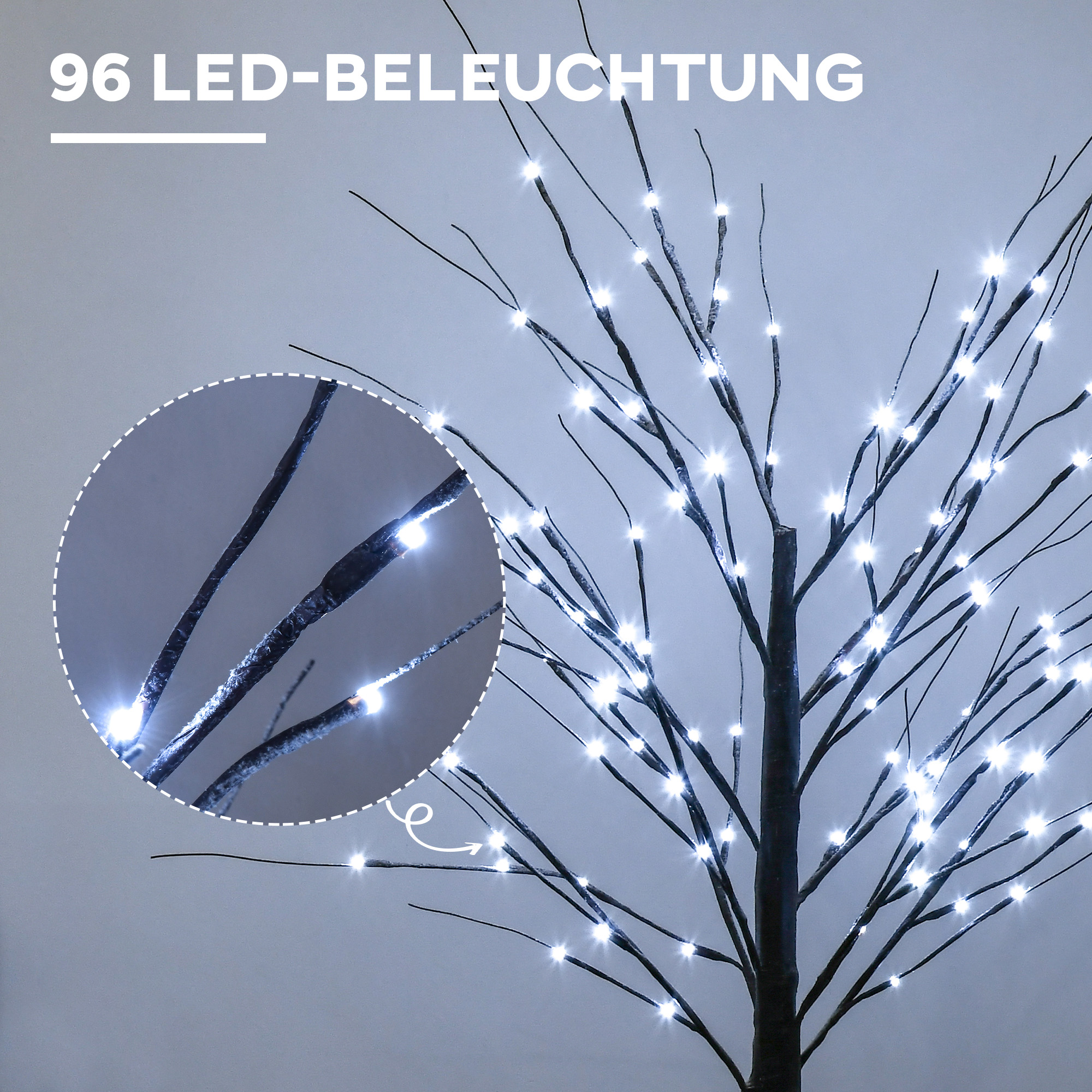 künstliche Birke mit LED-Beleuchtung, 96 kaltweiße Mikro-LEDs, 150 cm, Braun