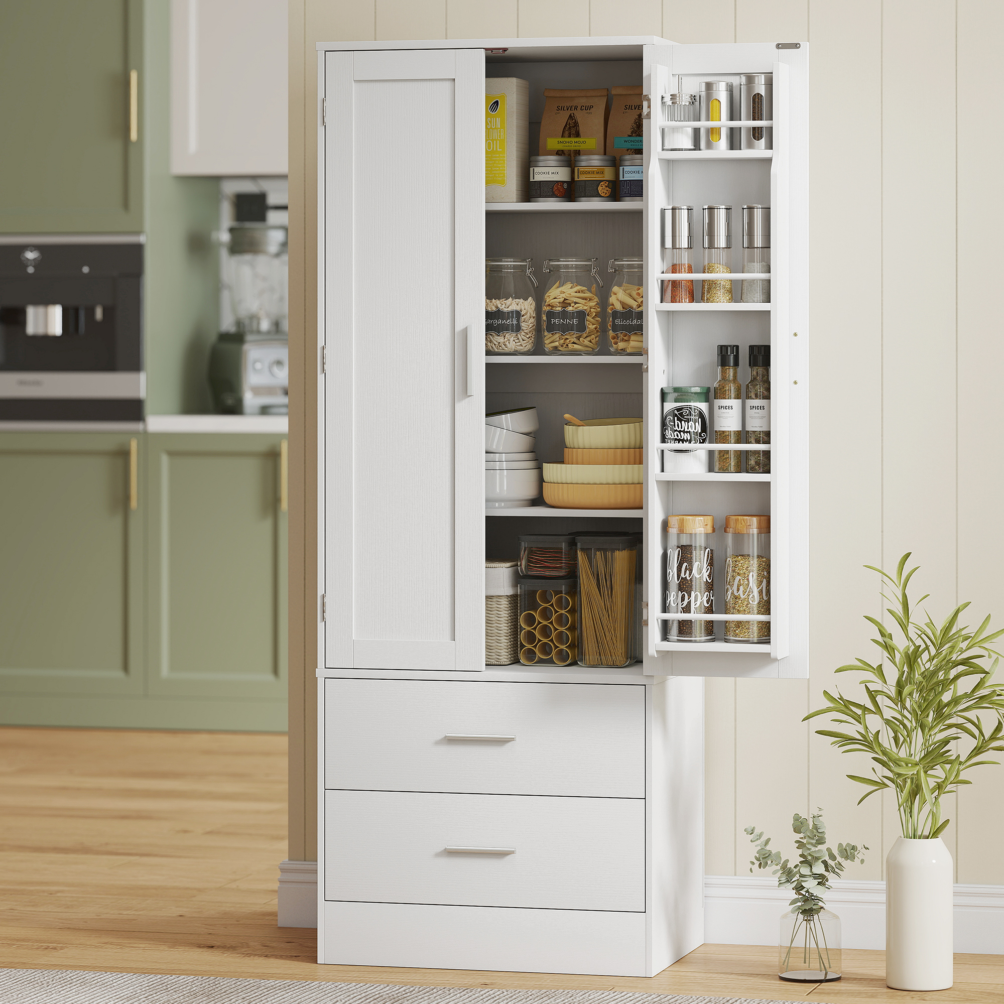 159 cm Küchenschrank, verstellbare Regale, 2 Schublade, für Küche, Esszimmer, Spanplatte, MDF, Weiß