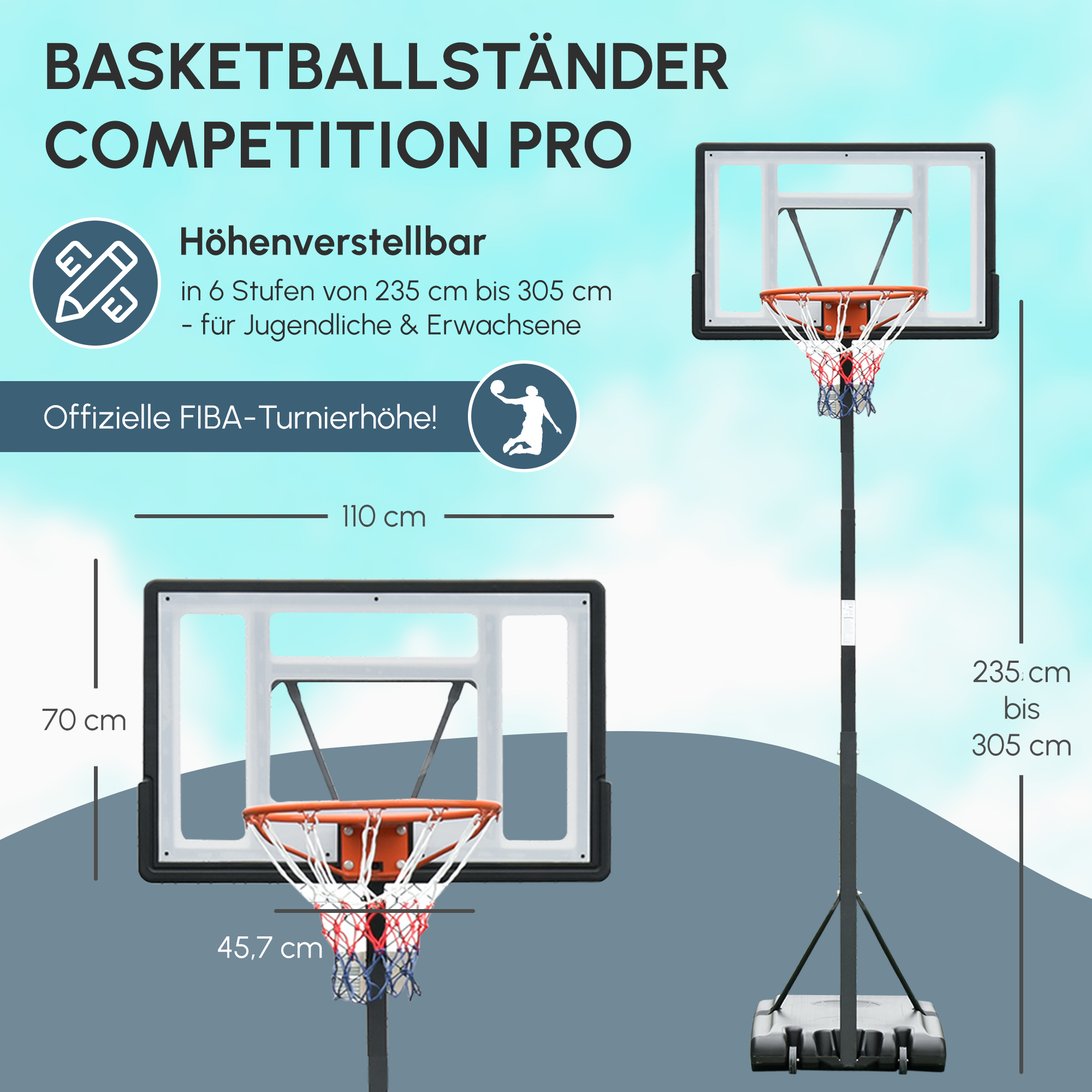 Basketballkorb Outdoor mit Ständer, 255-305cm Höhenverstellbar Basketballständer mit Rollen, Basketball-Backboard Ständer, Basketballanlage, Stahl