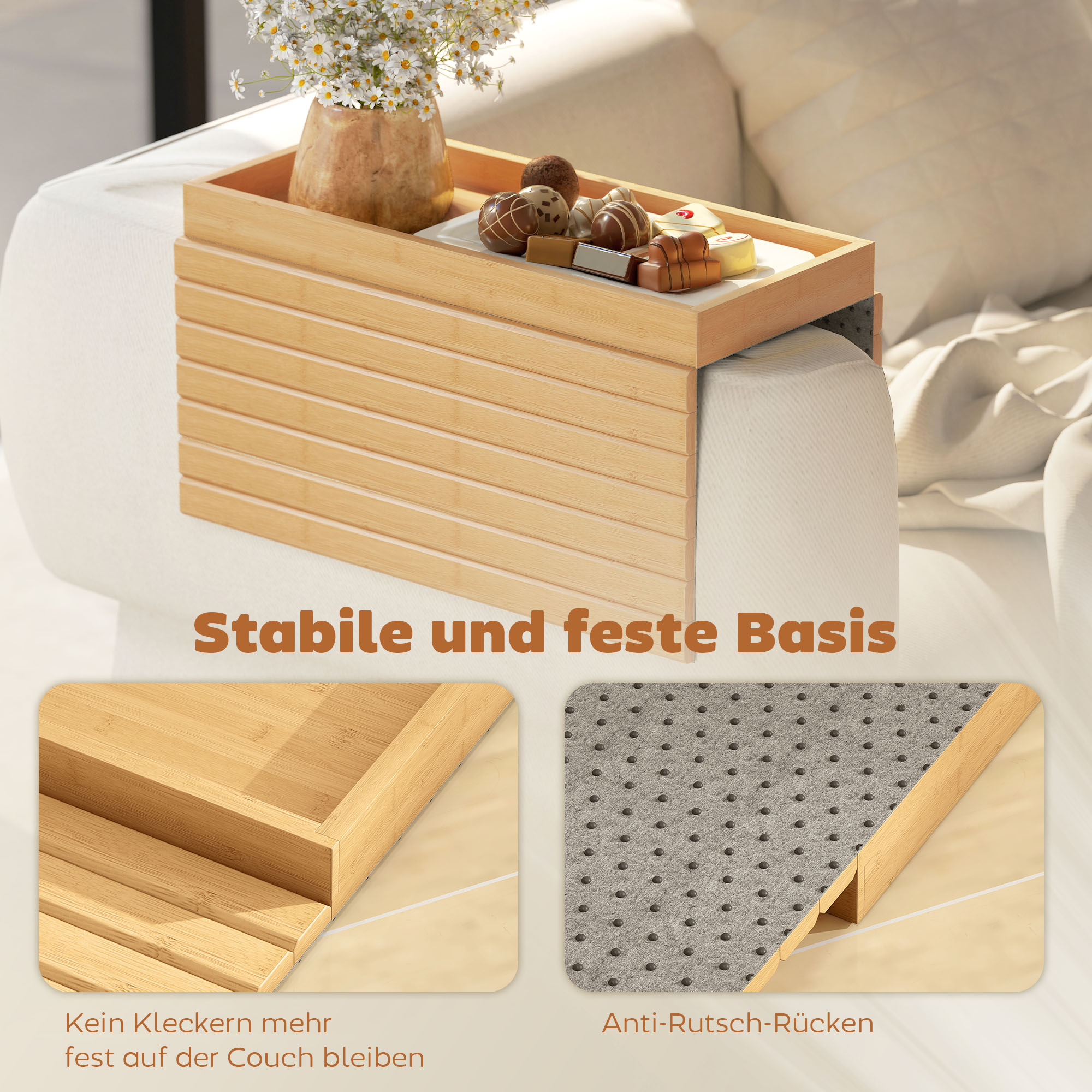 Armlehnen-Tablett für Sofas, für Getränke, Snacks, Fernbedienung, Bambusholz