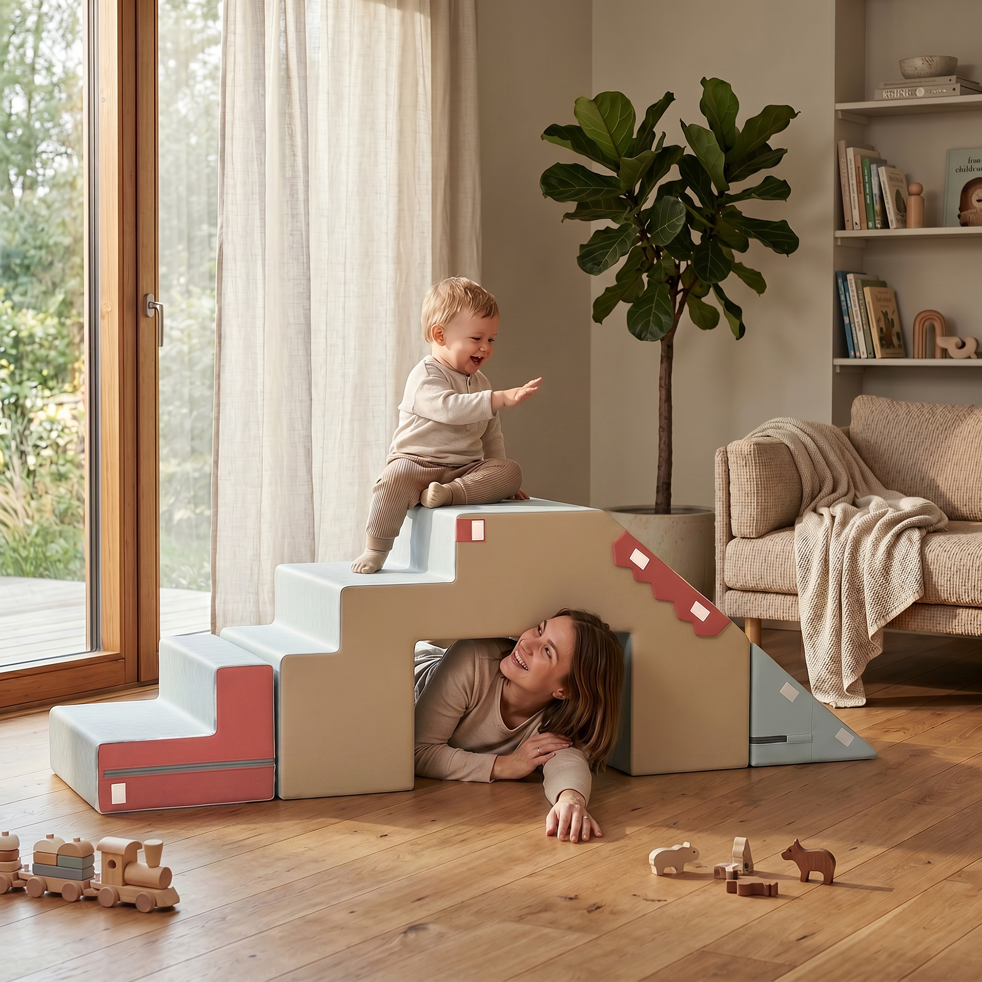 2-teiliges Schaumstoff Bausteine für Kleinkinder mit abnehmbaren Bezügen, Indoor-Kletter- und Krabbelspielset, Blau