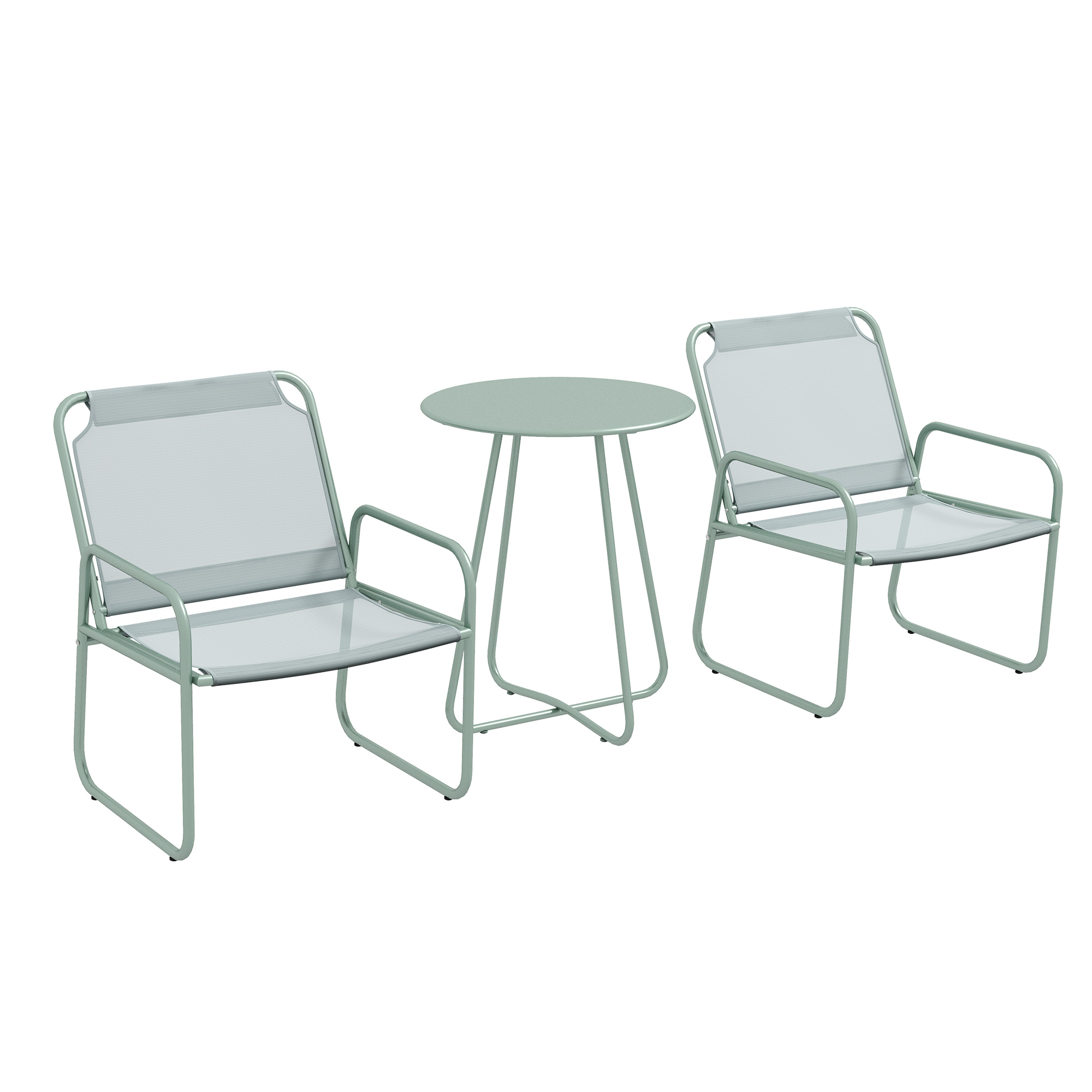 3-teiliges Gartenmöbelset, 2 Stühle mit atmungsaktivem Stoffbezug, 1 runder Tisch Ø60 cm, Grün