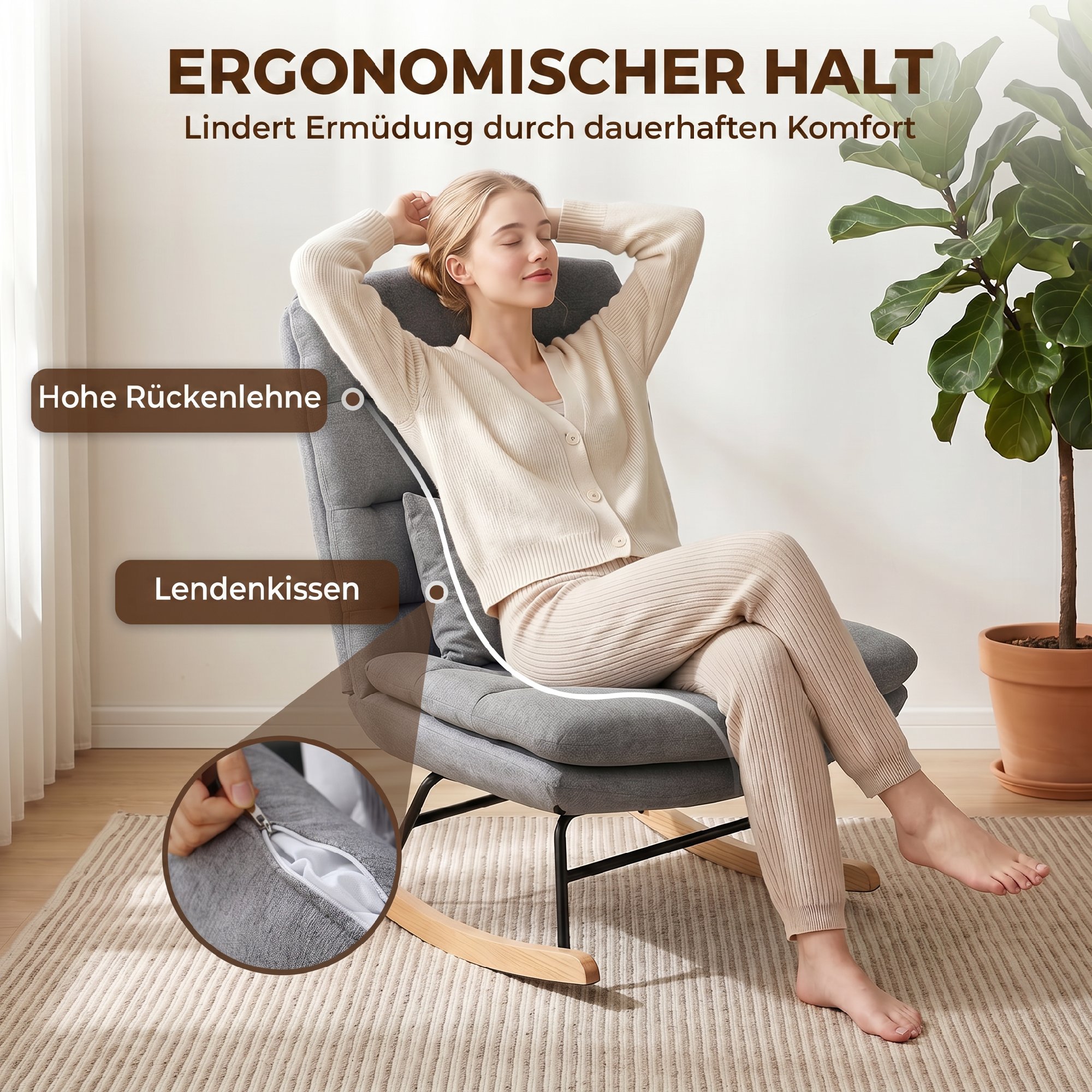 Schaukelstuhl Schaukelsessel mit Leinenoptik, Lendenkissen, hoher Rücken, breite Sitzfläche, Doppelpolsterung, Hellgrau